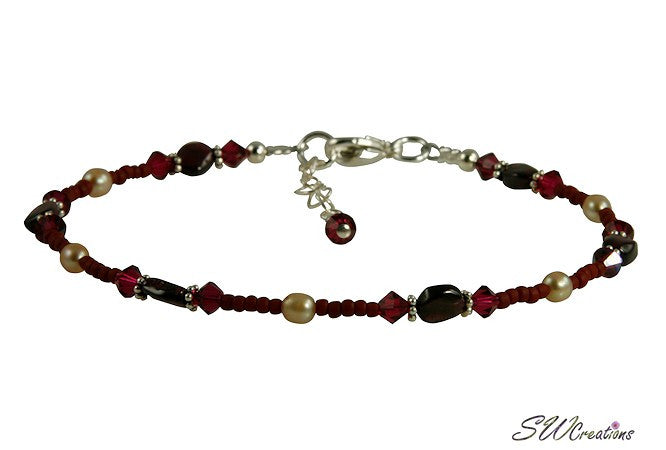Ruby Pearl Garnet Gemstone Ankle Bracelet - Elegant Beaded Jewelry for Women | Perfect for Weddings, Beach Vacations & Boho Fashion