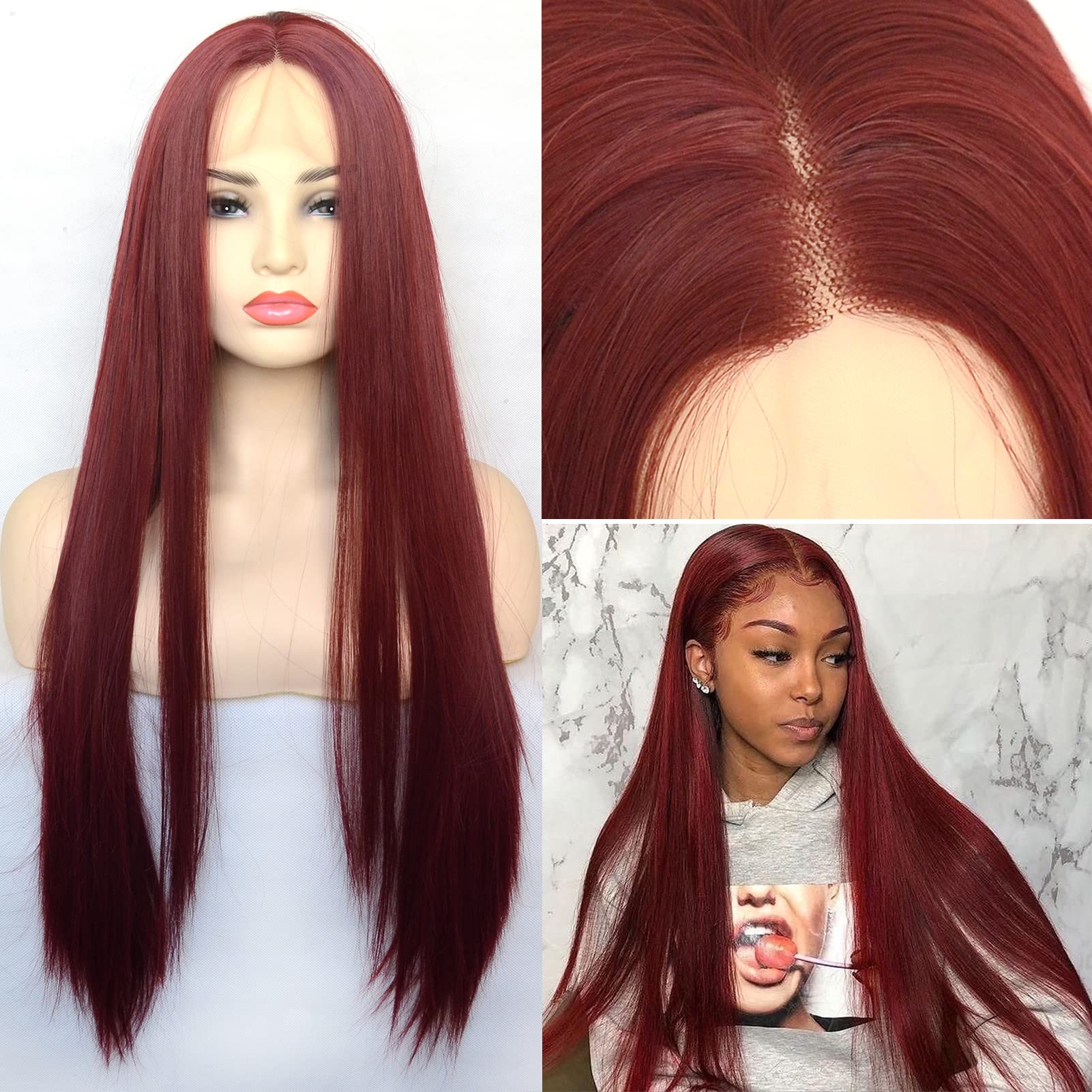 Dark Red Lace Front Wig - T-Lace Part Wine Red Long Straight Synthetic Hair Wig for Women | Middle Part | 22 Inch Silk Straight Full Wig | Daily Wear & Cosplay | Perfect for Parties, Weddings & Special Occasions