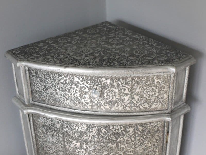 Handmade Blackened Silver Embossed Patterned Metal Corner Cabinet with Door & Drawer - Perfect for Living Room, Bedroom, or Office Storage