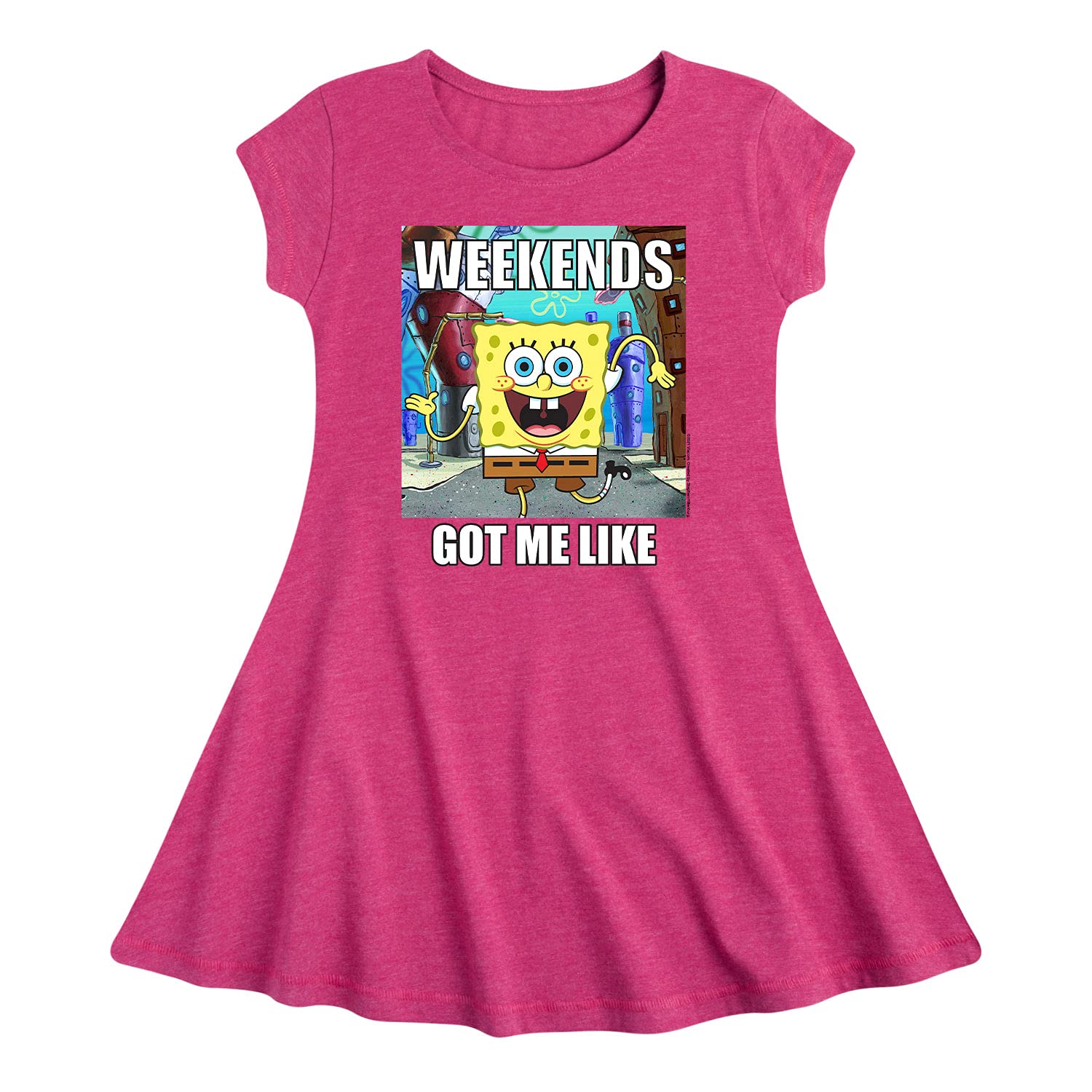 Spongebob Squarepants Weekends Got Me Like Fit & Flare Dress for Toddler & Youth Girls | Cute Cartoon Character Outfit for Playdates, Birthday Parties & Casual Wear