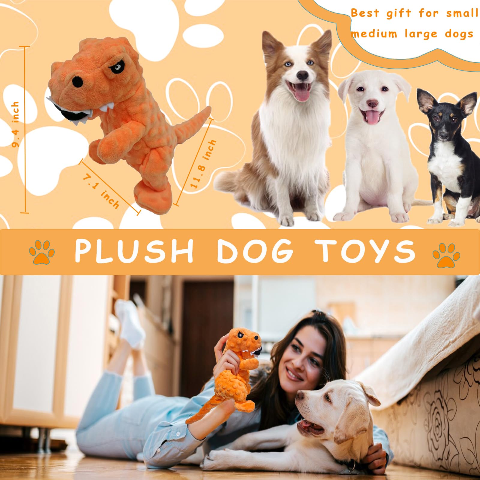 Durable Squeaky Dinosaur Plush Dog Toy with Crinkle Paper - Chew-Resistant Stuffed Animal for Small, Medium & Large Dogs - Perfect for Playtime, Training & Teething Puppies