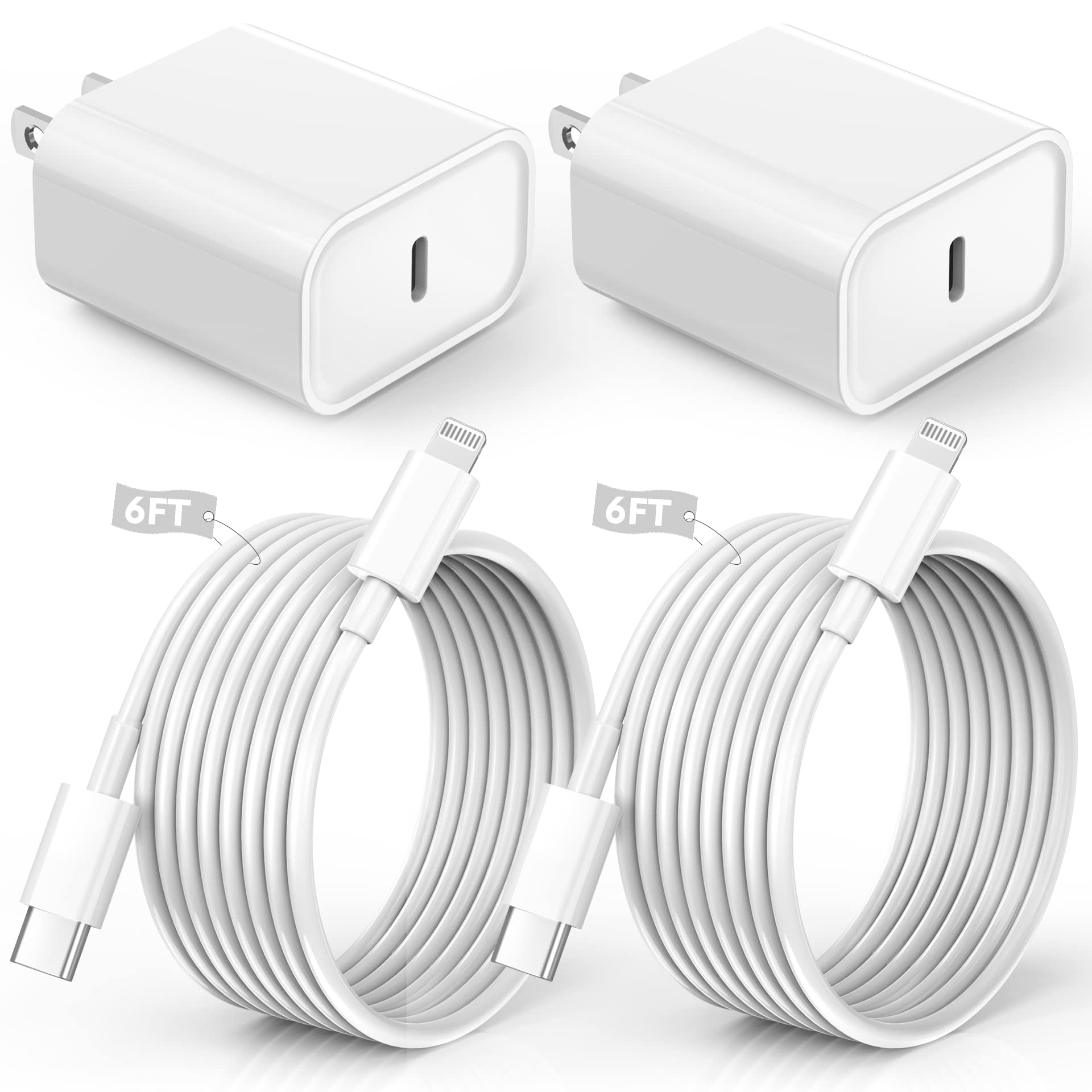 Fast Charging iPhone Charger 2-Pack with 6FT USB-C to Lightning Cable - Compatible with iPhone 14/13/12/11/X/SE, iPad & AirPods - Quick Charge Adapter for Home, Office & Travel