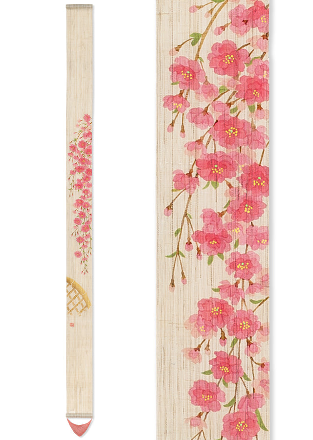 Handmade Japanese Linen Tapestry - Weeping Cherry Blossom Design, Kyoto Noren Style Wall Hanging Scroll | Traditional Hand-Dyed & Hand-Painted Artwork for Home Decor, Zen Room, Tea House & Japanese-Themed Interior Design