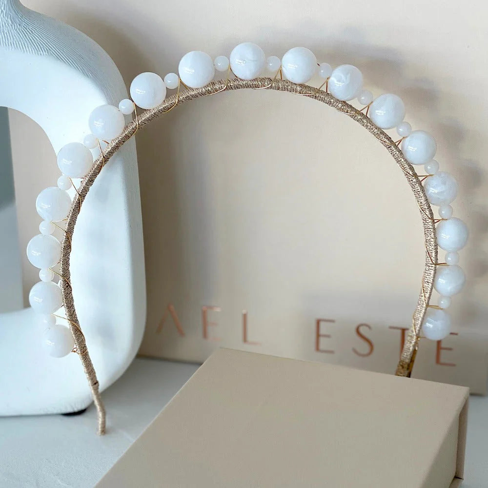 A'el Este Aria Bridal Beaded Headband - Elegant White Wedding Hair Accessory for Brides, Bridesmaids & Special Occasions