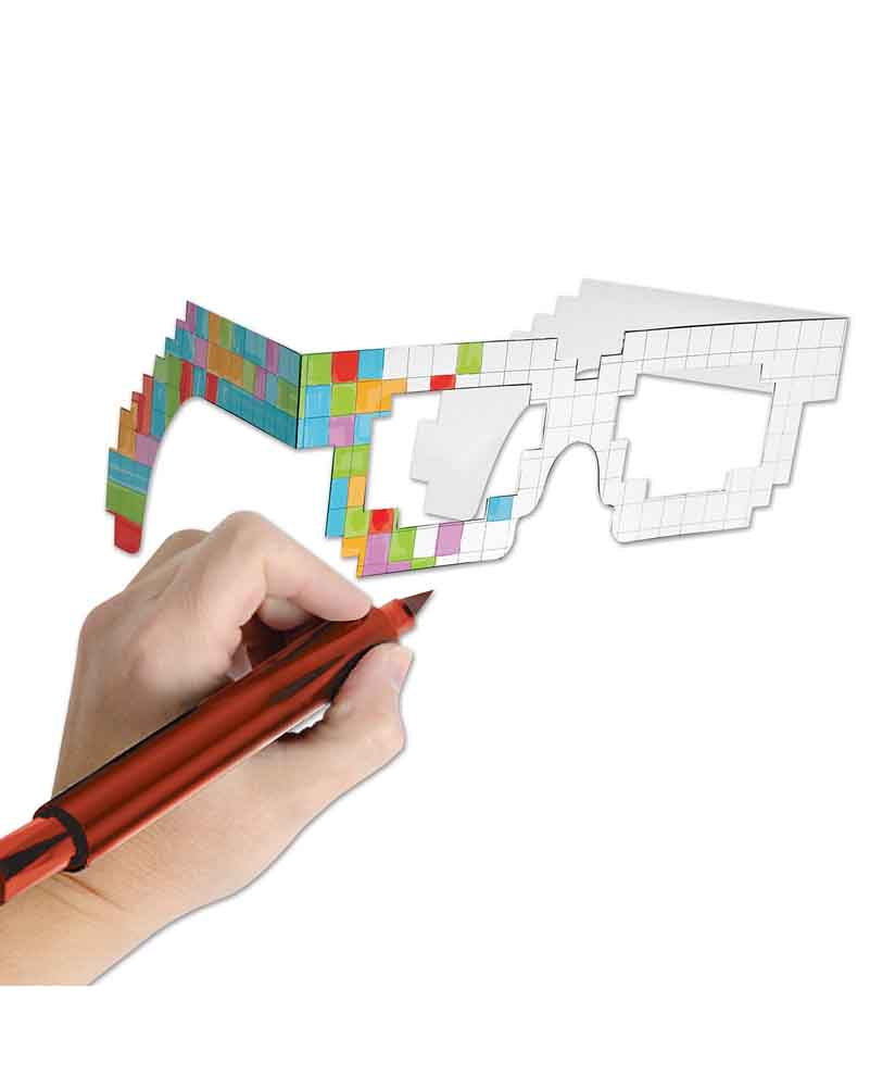 80s Retro 8-Bit Color Your Own Glasses - Pack of 4 DIY Party Favors for 80s Theme Parties, Cosplay & Gaming Events
