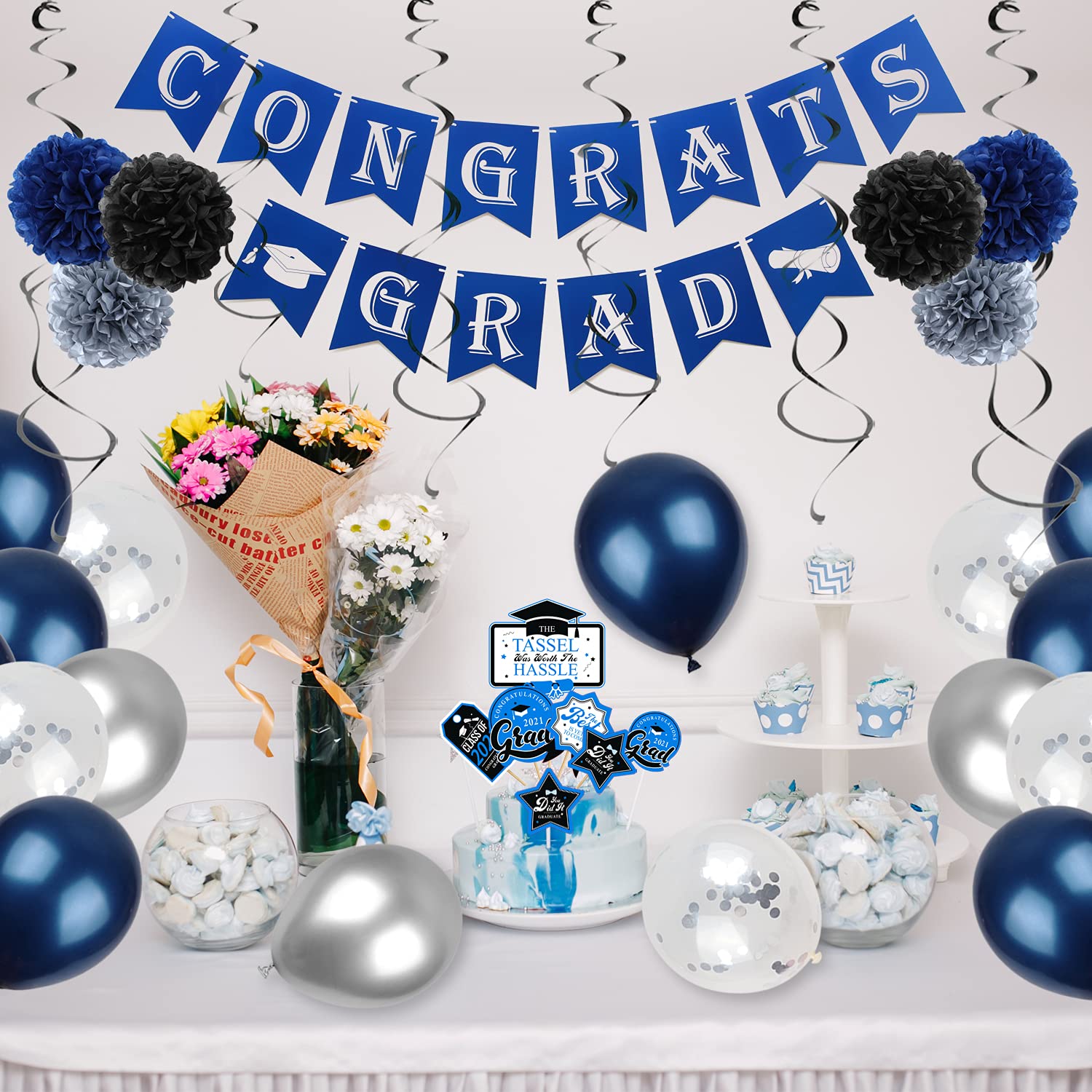 Blue and Silver Graduation Decorations Set - Congrats Grad Banner, Paper Pompoms, Hanging Swirls, Latex Confetti & Balloon Garland Arch for 2022 Graduation Party | Perfect for Graduation Ceremony Decor, Photo Backdrops & School Celebration Events
