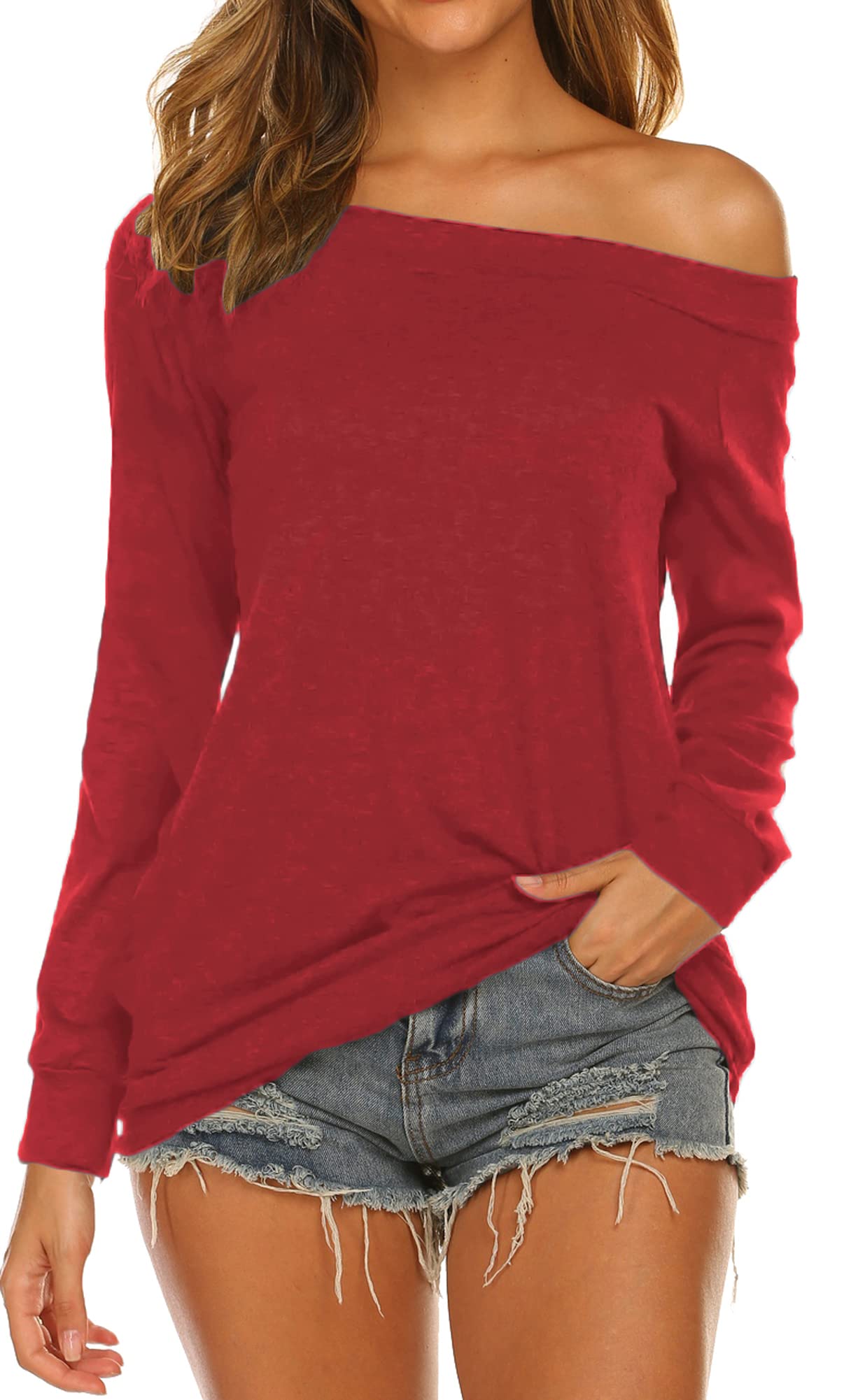 Sexy Off Shoulder Long Sleeve Tops for Women - Stretchy Red Blouse for Date Night, Party & Casual Wear | Fashionable Women's Shirt for Fall & Winter Outfits