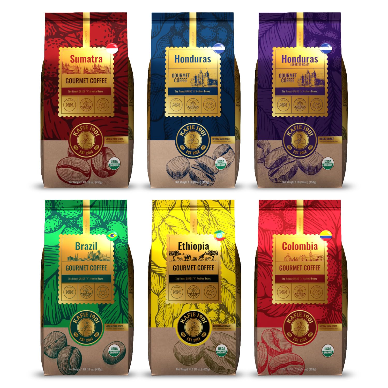Kafie 1901 Premium Coffee Sampler - 6 lbs Gourmet Whole Bean Coffee Blend for Coffee Lovers | Perfect for Home Brewing, Office Use & Gift Giving