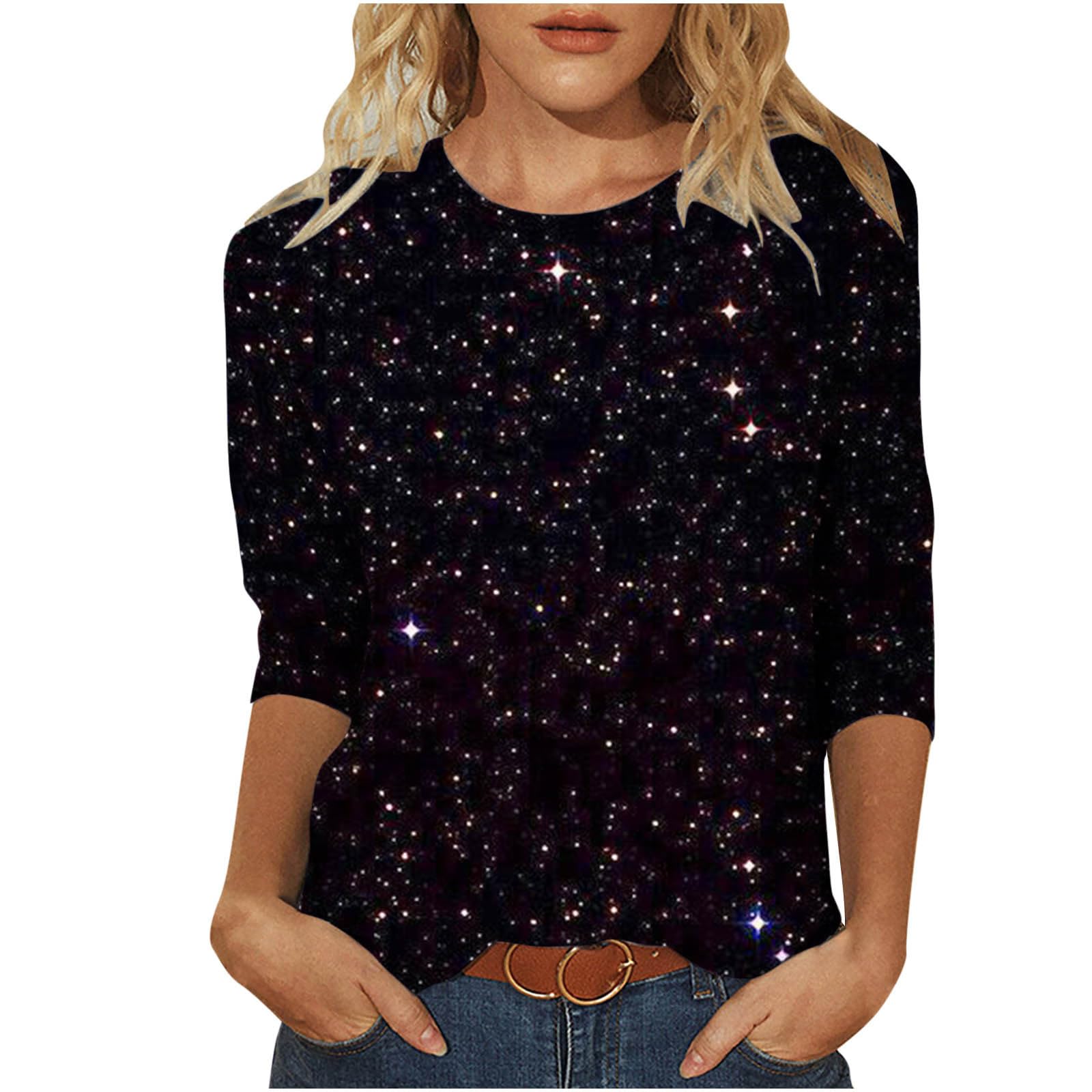 Oelaio Plus Size 3/4 Sleeve Sparkly T-Shirts for Women | Glitter Pullover Tops | Slim Fit Summer Shirts | Casual Wear, Party Outfits & Vacation Clothes