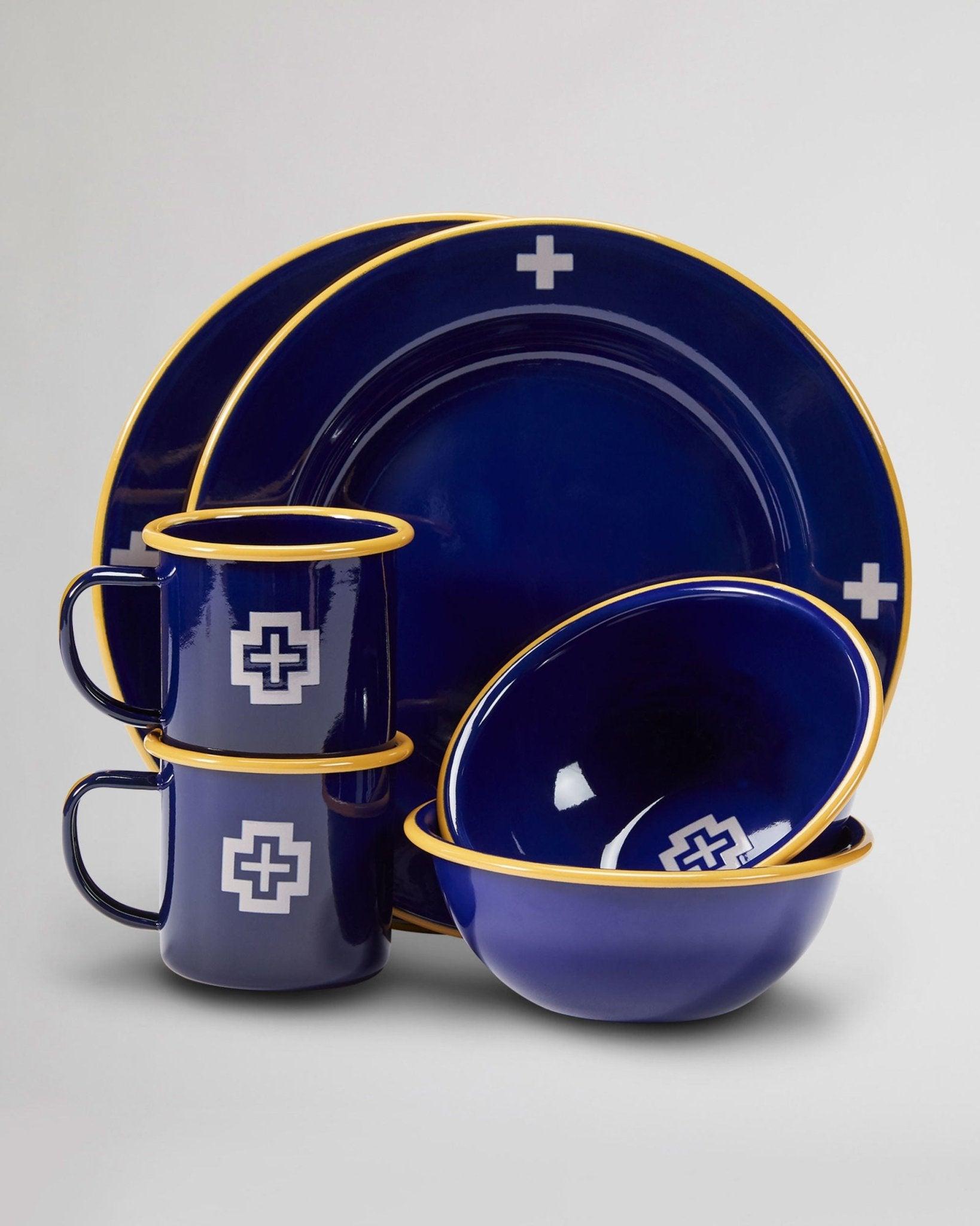 Navy Blue Cross Enamelware Dinner Plates - Vintage Style Enamel Dinnerware Set for Camping, Picnics & Outdoor Dining