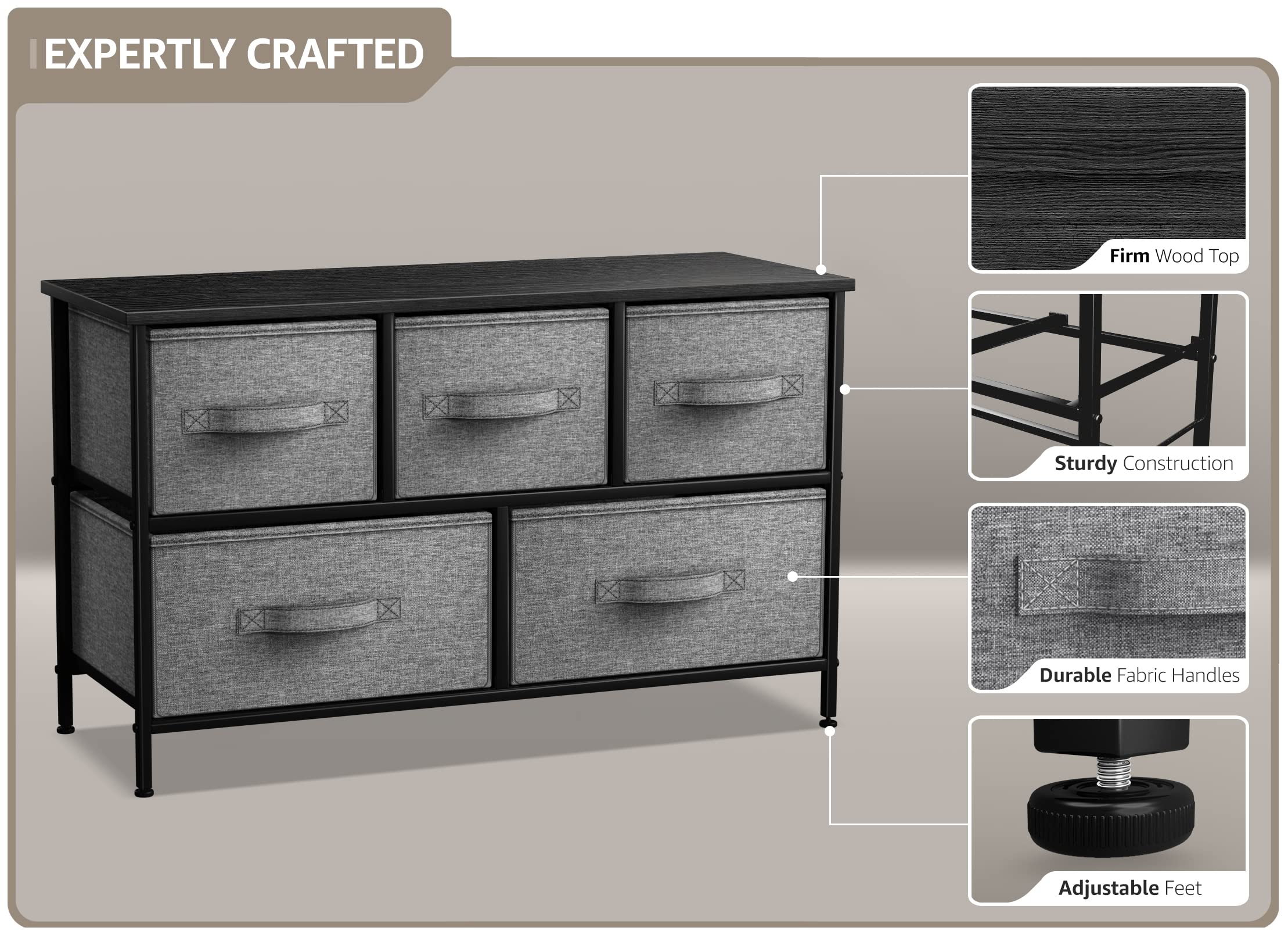 Sorbus 5-Drawer Dresser with Steel Frame & Wood Top - Fabric Bin Storage Organizer for Bedroom, Hallway, Closet & Office - Wide TV Stand Furniture for Home Organization & Space Saving