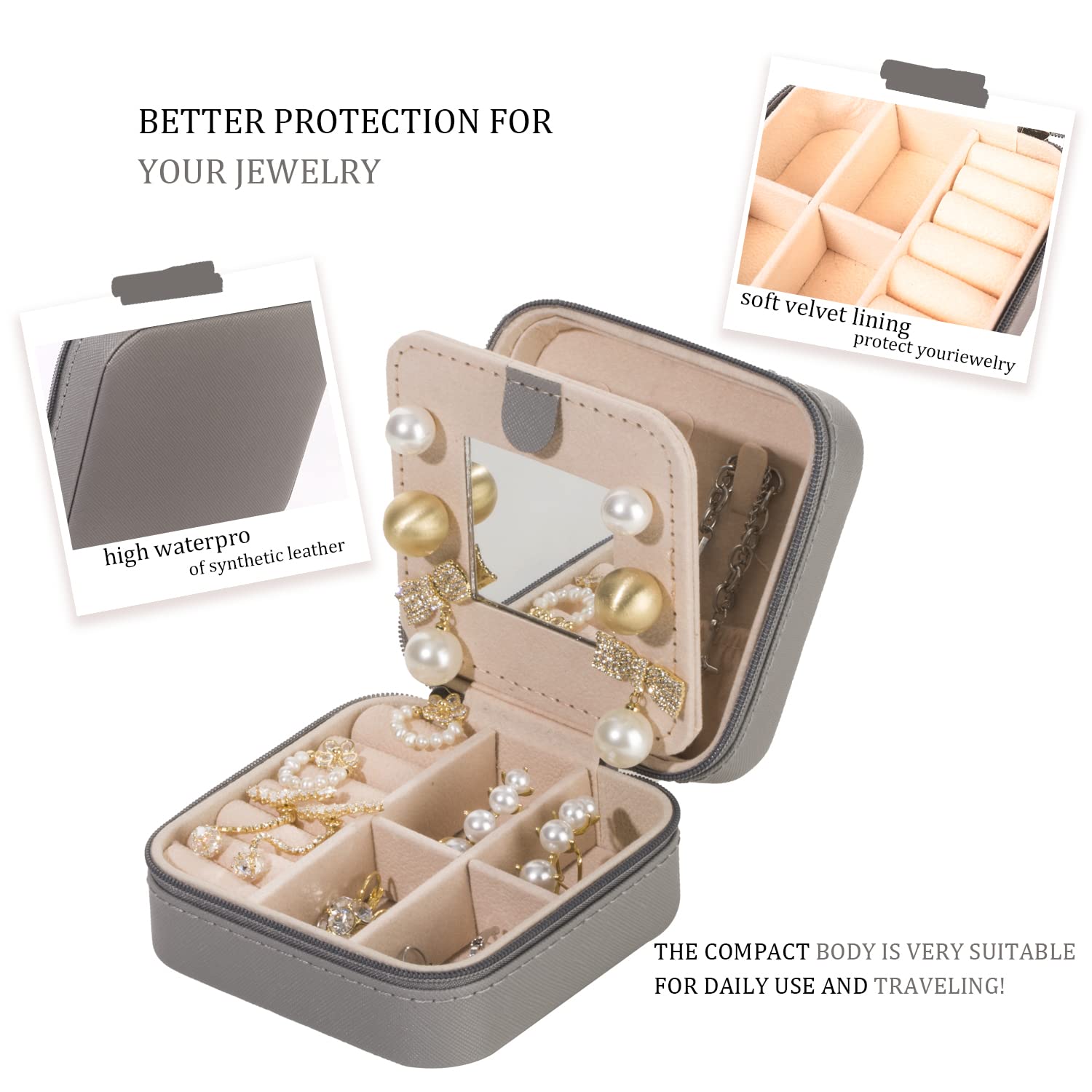 KElofoN Travel Jewelry Organizer Box for Women & Girls - Portable Jewelry Case with Mirror, Compact Jewelry Storage (Grey) - Perfect for Vacation, Business Trips & Daily Use