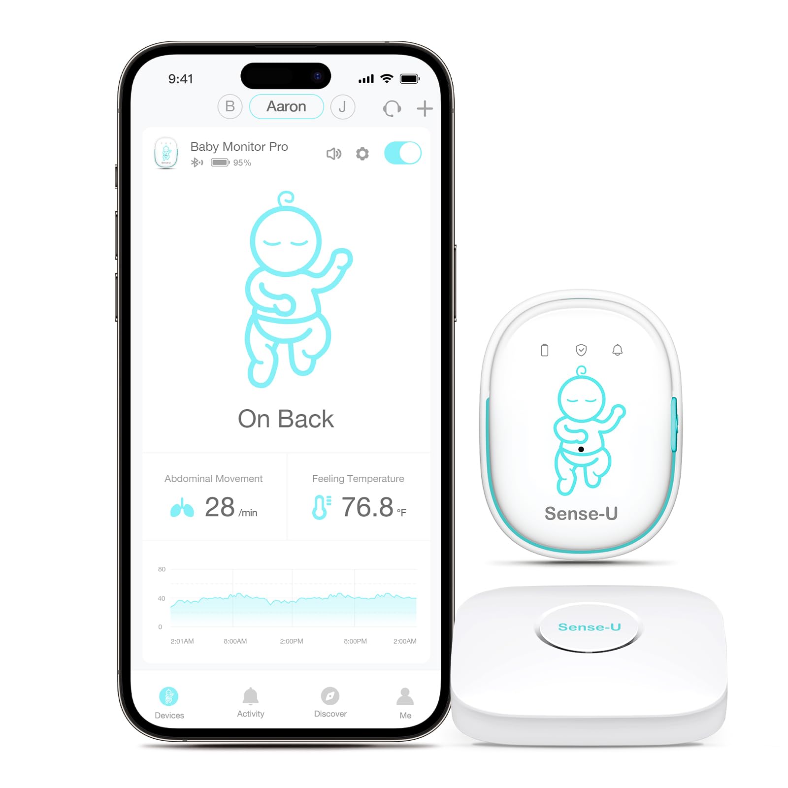 Sense-U Smart Baby Monitor Pro with Long Range, Arousal Vibration & App Alerts – Tracks Breathing, Rollover, Sleep Position & Temperature – Wearable Infant Sleep Tracker for Peace of Mind at Home or Travel