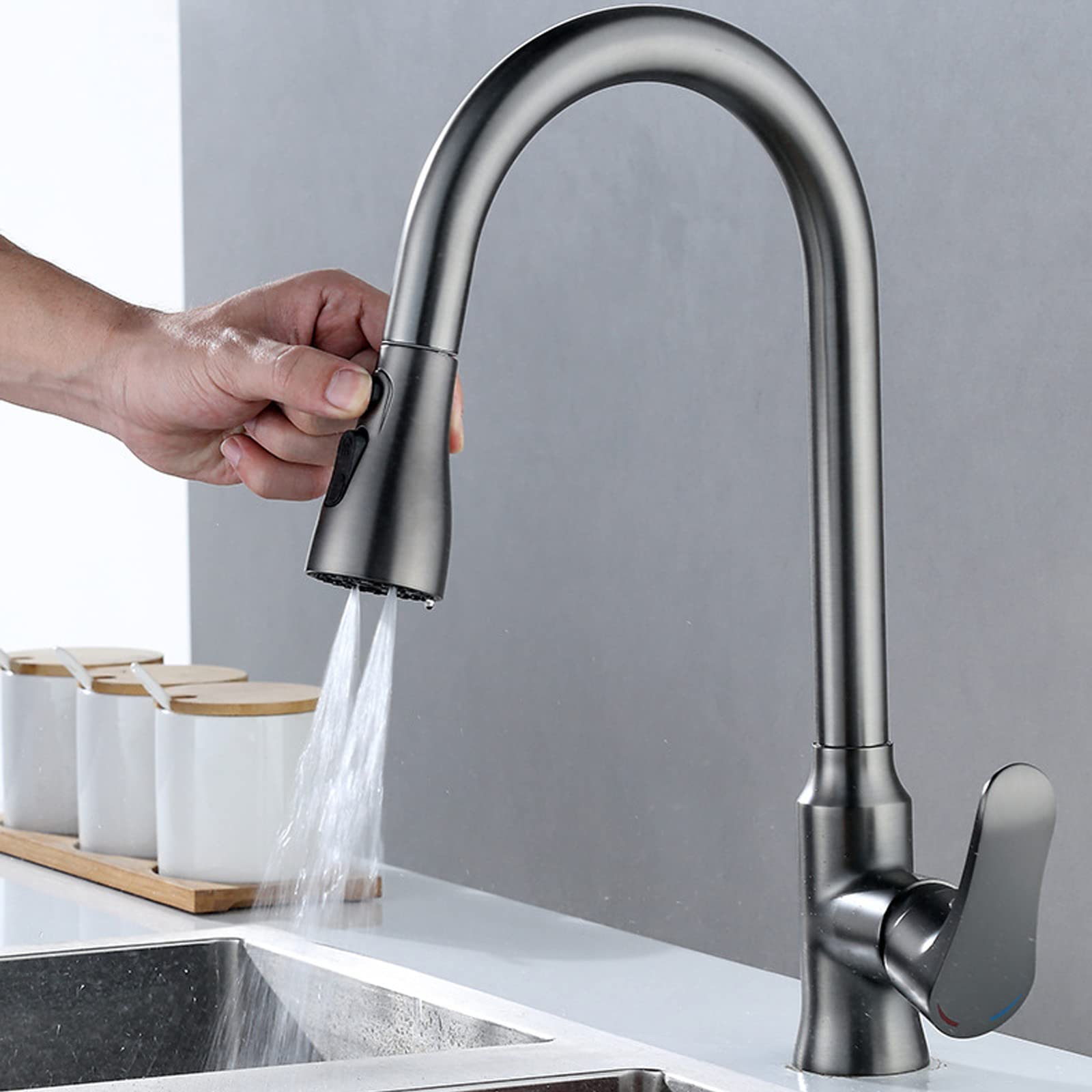 High Arc Pull Down Kitchen Faucet with 3-Function Sprayer - Gun Grey Full Copper Construction - Perfect for Modern Farmhouse & Commercial Kitchen Sinks