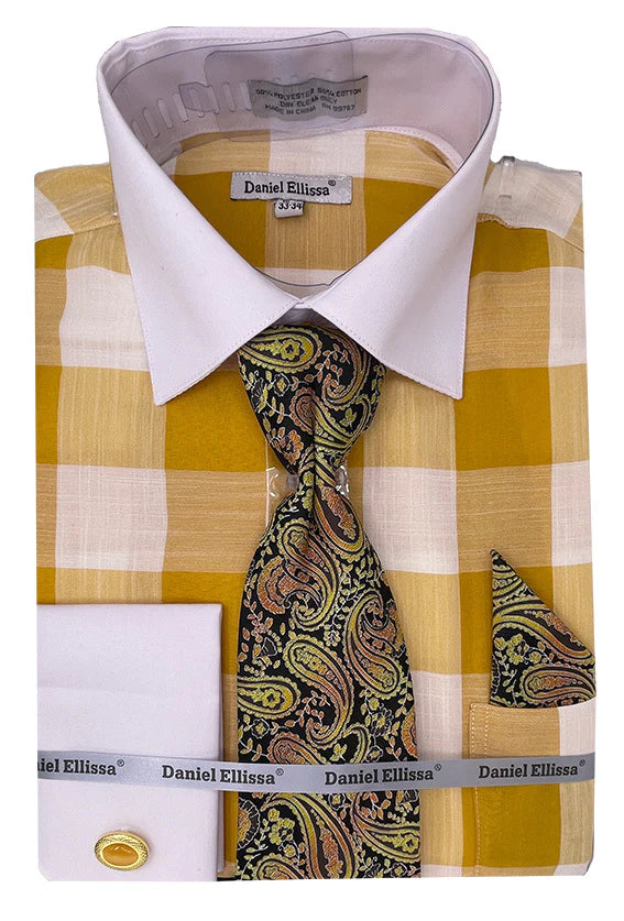 Mustard Check Print Dress Shirt Set with Tie & Pocket Square | Formal Office Wear & Business Attire for Men