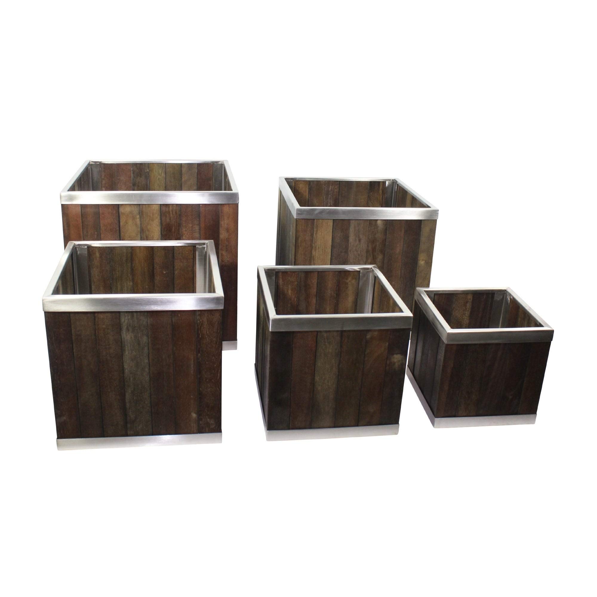 10 Pack Modern Square Wood Planters with Stainless Steel Trim - Brown Contemporary Wooden Garden Pots for Indoor Plants, Outdoor Decor, Balcony & Patio