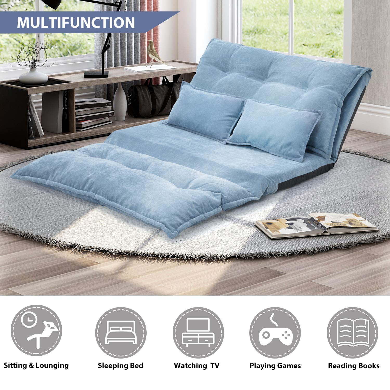 Harper & Bright Designs Adjustable Floor Sofa Bed - Foldable Mattress Futon Couch with 2 Pillows, Blue | Multi-Purpose Lounger for Small Spaces, Guest Bed & Living Room Relaxation