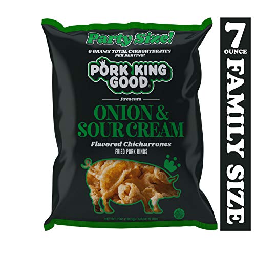 Keto-Friendly Pork Rinds - Pork King Good Onion & Sour Cream Flavored Chicharrones, 7oz Family Size Bag | Low Carb Snack for Ketogenic Diet, Gluten-Free Crunchy Treat | Perfect for Movie Nights, Road Trips & Party Snacking