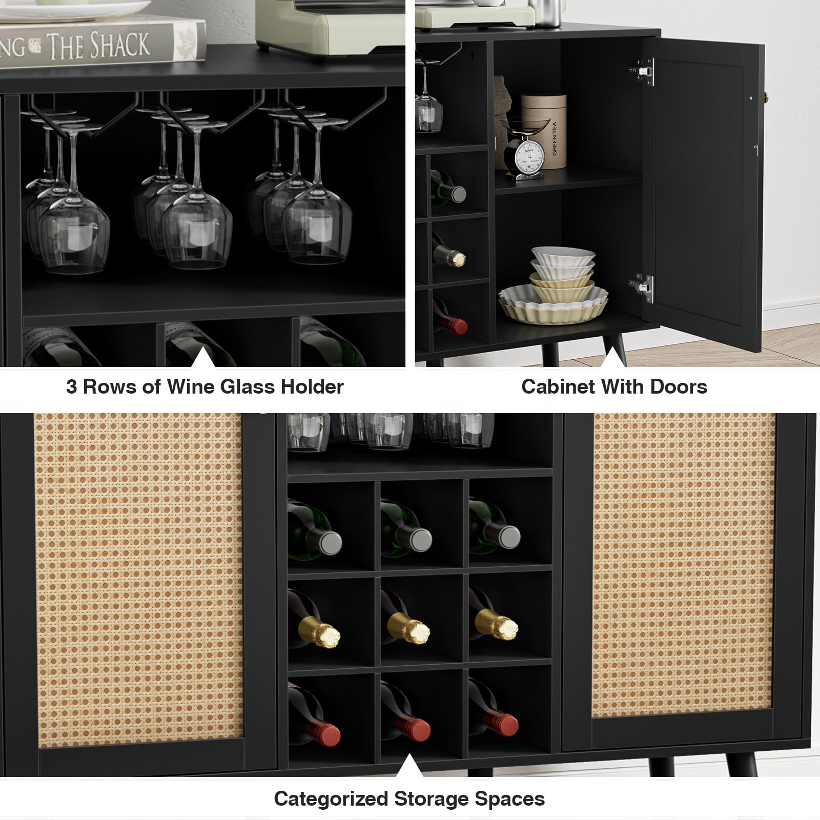 Giluta Kitchen Island - Farmhouse Style Coffee Bar Cabinet with Storage, Sideboard Buffet Cupboard for Dining Room & Kitchen, Black - Perfect for Small Spaces & Entertaining Guests