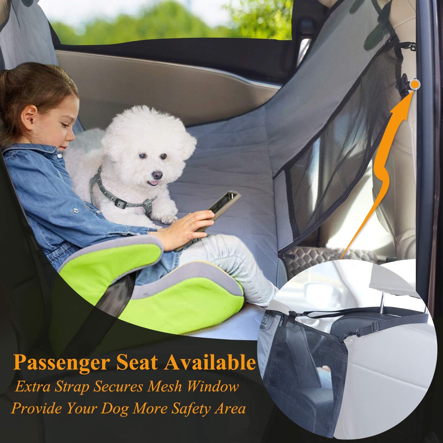 VIVAGLORY Dog Car Seat Cover - Waterproof Pet Hammock with Side Flaps & Mesh Window | Quilted Durable Backseat Protector for Cars, SUVs & Trucks | Universal Fit | Grey | Perfect for Road Trips & Daily Pet Transportation