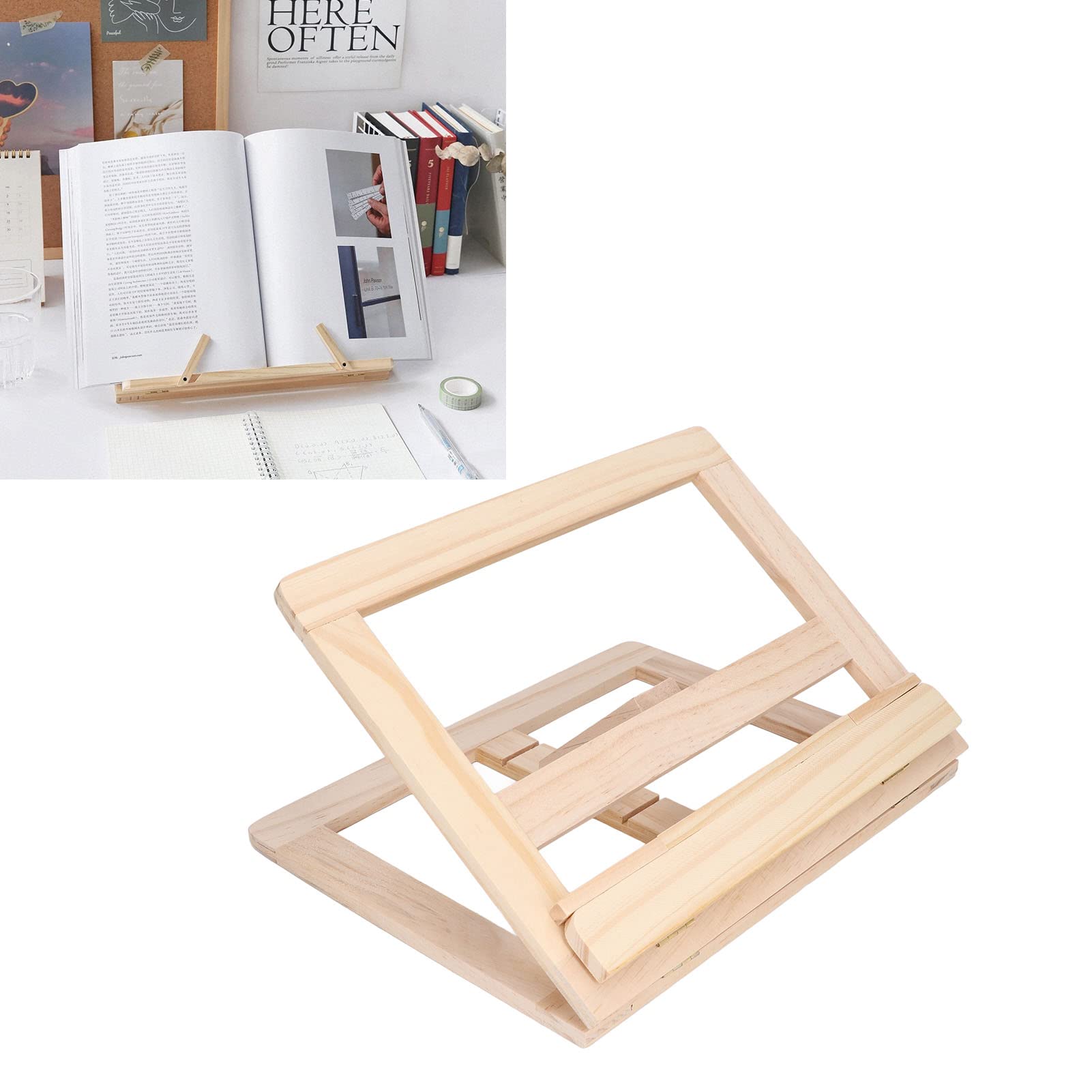 FIYO Adjustable Wooden Book Stand - Foldable Cookbook & Tablet Holder for Reading, Cooking, and Office Use - Perfect for Desks, Kitchens, and Study Areas