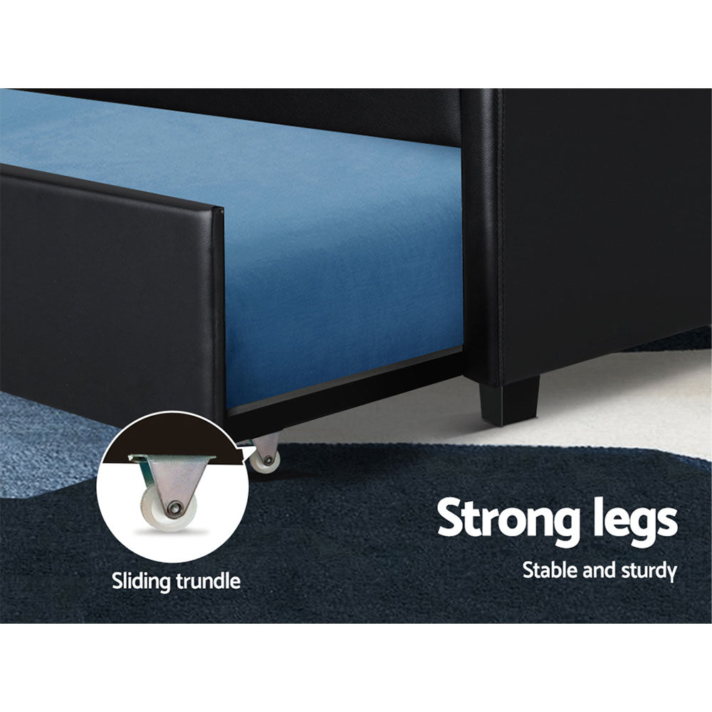 Eden King Single Trundle Bed in Black - Space-Saving Twin Bed with Pull-Out Trundle for Kids, Teens & Guest Rooms