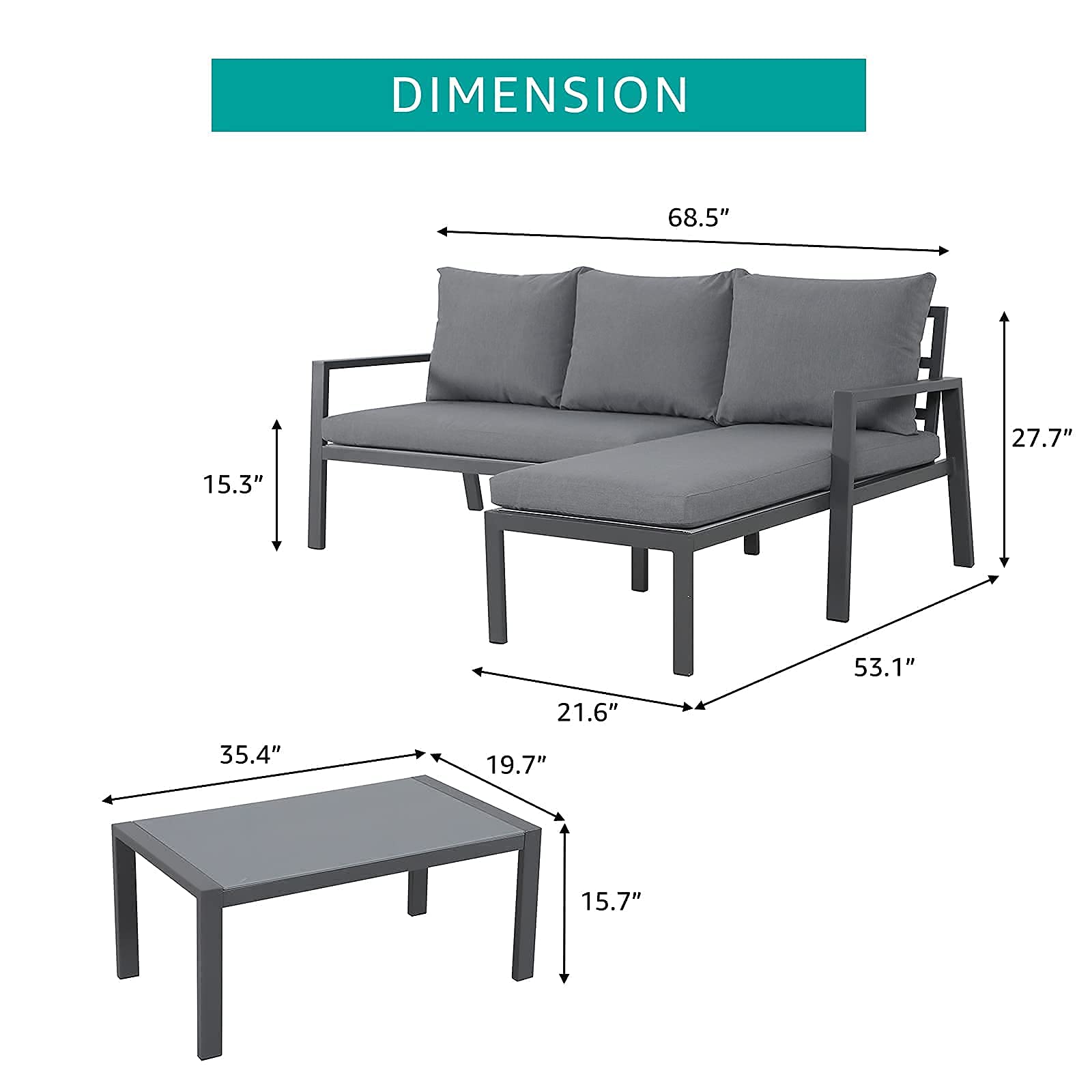 Outdoor Patio Furniture Set with Chaise Lounge - Aluminum L-Shaped Corner Sectional Sofa with Glass Coffee Table, Dark Grey Finish & Grey Cushions for Garden, Porch, Backyard - Perfect for Relaxing, Entertaining & Space-Saving Outdoor Living
