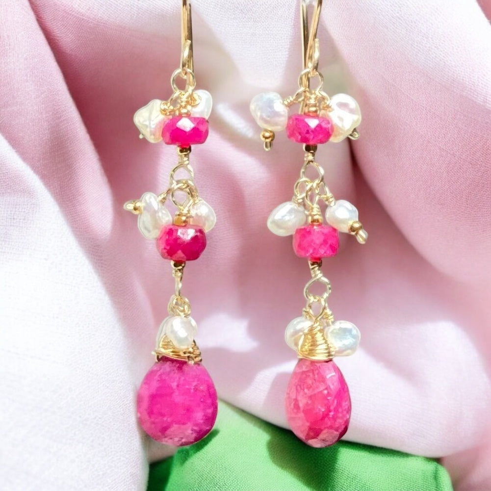 Gold Filled Ruby Dangle Earrings with Pearls - Elegant Jewelry for Women, Perfect for Parties, Weddings & Special Occasions
