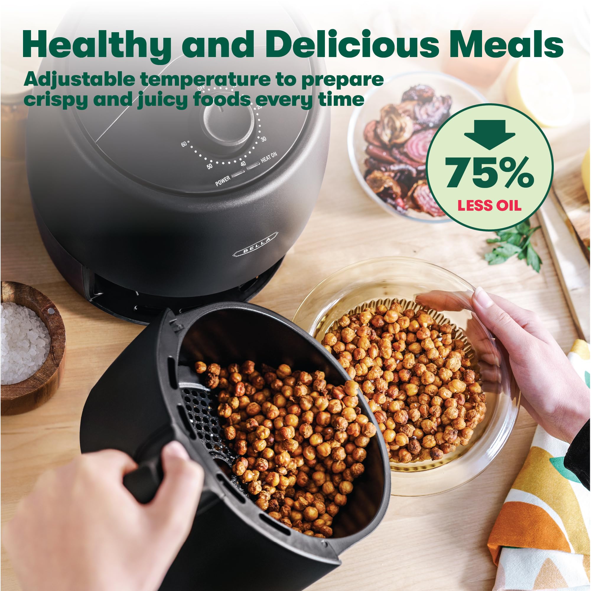BELLA 2 Quart Manual Air Fryer Oven - 5-in-1 Multicooker with Nonstick Dishwasher Safe Basket & Crisping Tray | 1200W Powerful Heating System | Matte Black | Perfect for Healthy Cooking, Meal Prep & Small Kitchens