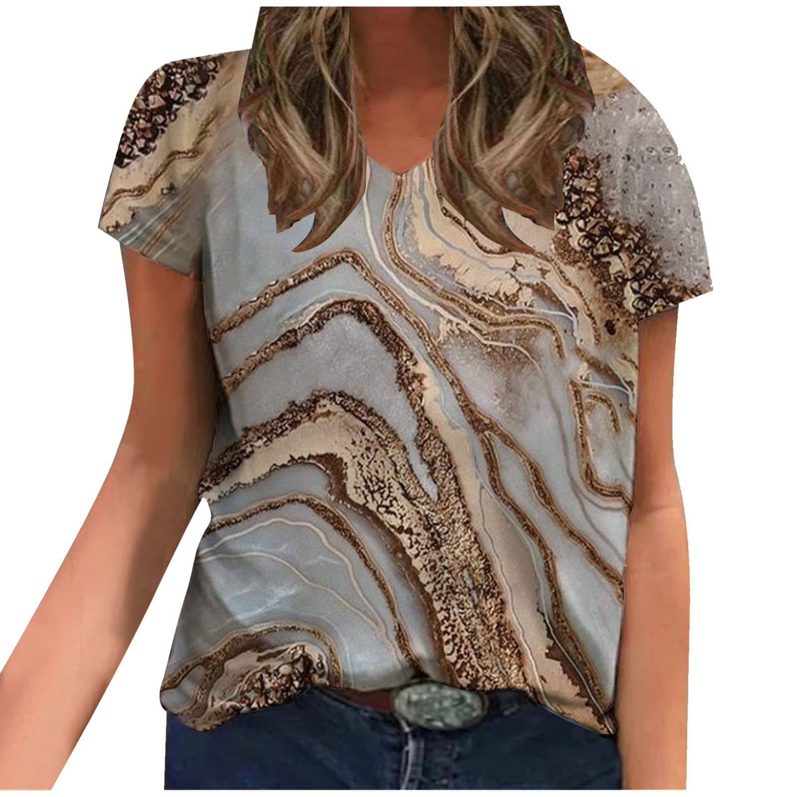Women's Casual V-Neck Short Sleeve Blouse - Loose Fit Printed T-Shirt for Summer | Perfect for Beach Outings, Weekend Wear & Casual Office Looks