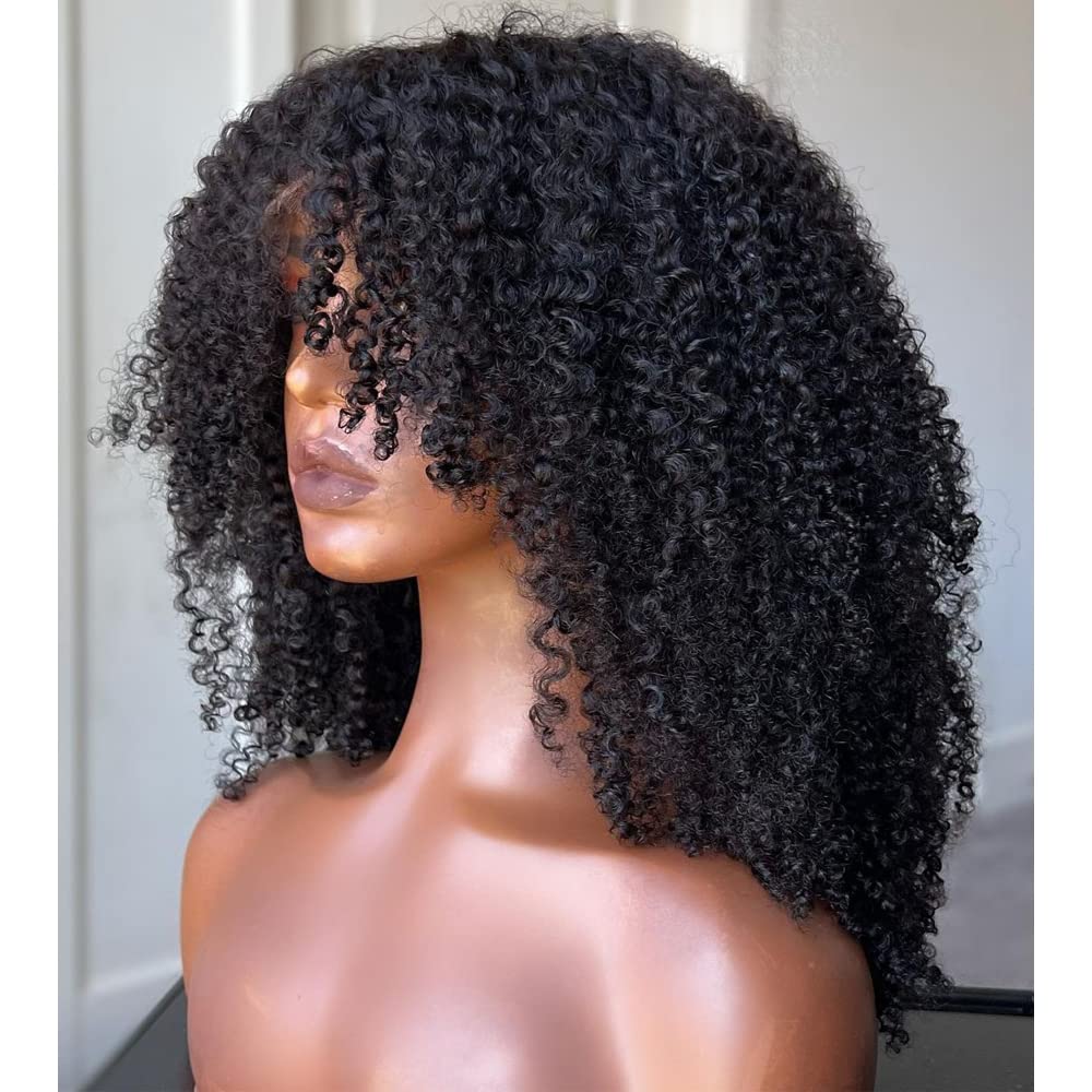 180 Density Afro Kinky Curly Human Hair Wig with Bangs - Brazilian Remy Hair Machine Made Scalp Top - Bouncy Curly Wigs for Black Women - Perfect for Cosplay, Daily Wear & Special Occasions