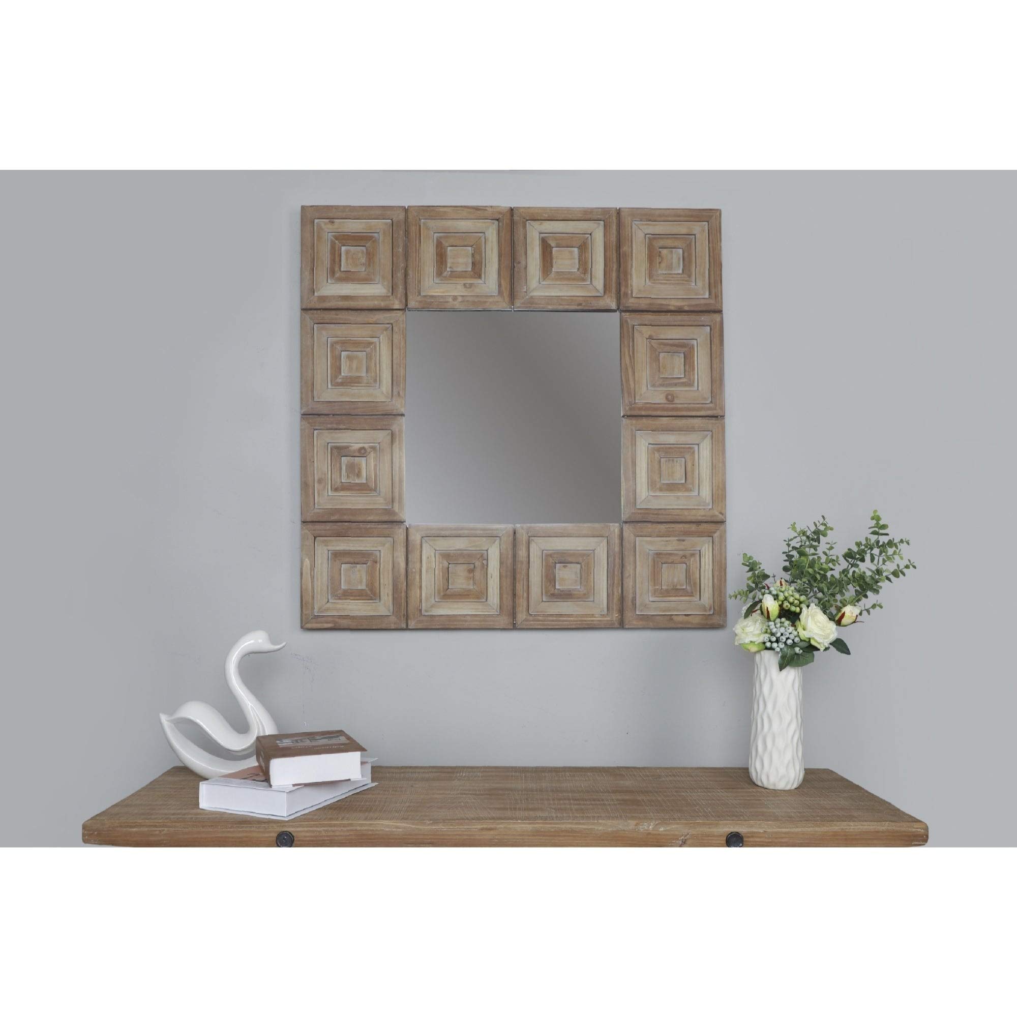 Aztec Square Wood Wall Mirror - Brown Southwestern Style with Hooks & Hardware - Perfect for Living Room, Bedroom, or Boho Home Decor
