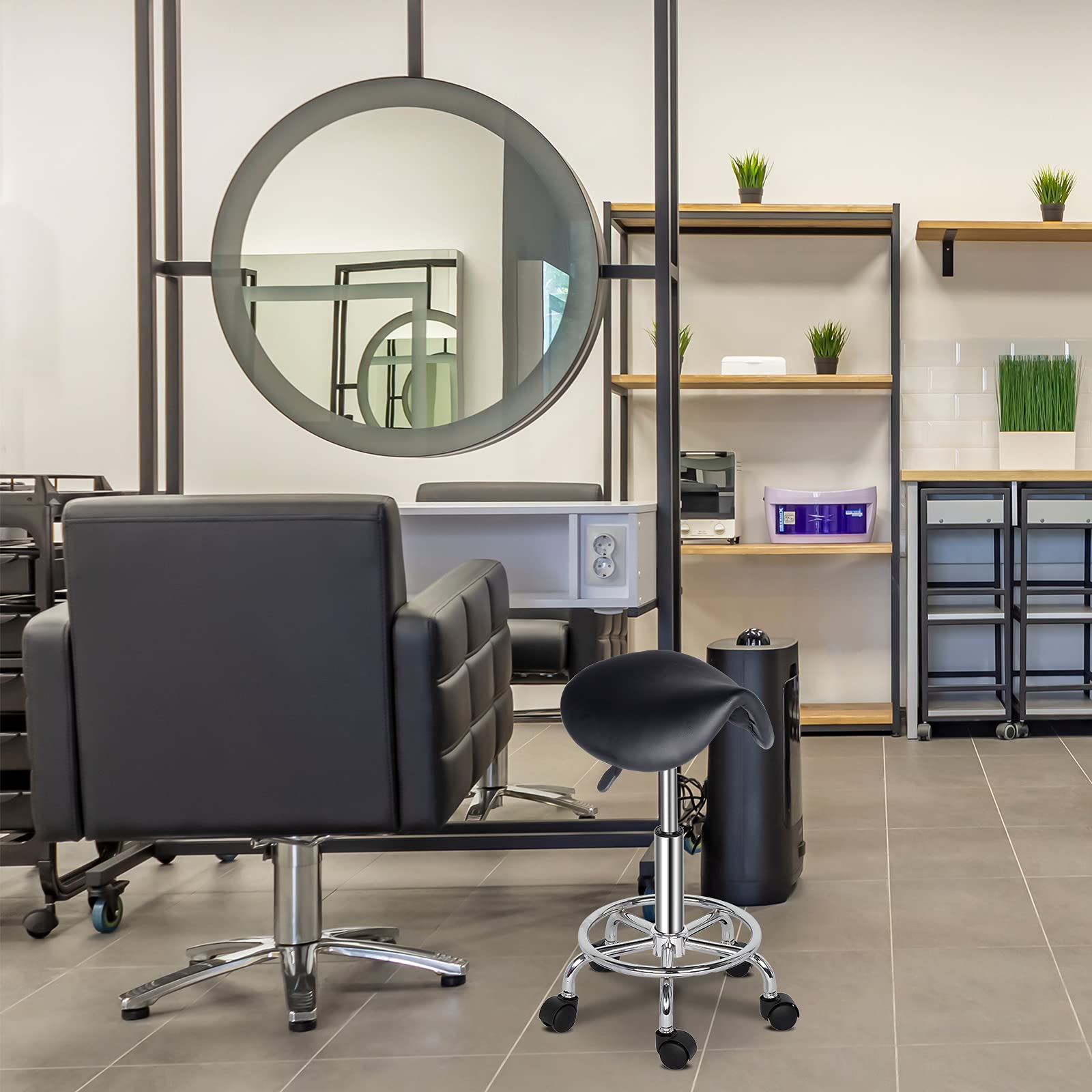 **Winado Adjustable Height Bar Stool - 360° Swivel Rolling Saddle Stool with PU Leather & Casters Wheels for Kitchen, Dining, Bistro, Salon, Spa - Modern Armless Bar Chair (Black)**    **Usage Scenarios:** Perfect for home kitchens, dining rooms, cafes, bars, salons, spas, and office break rooms.