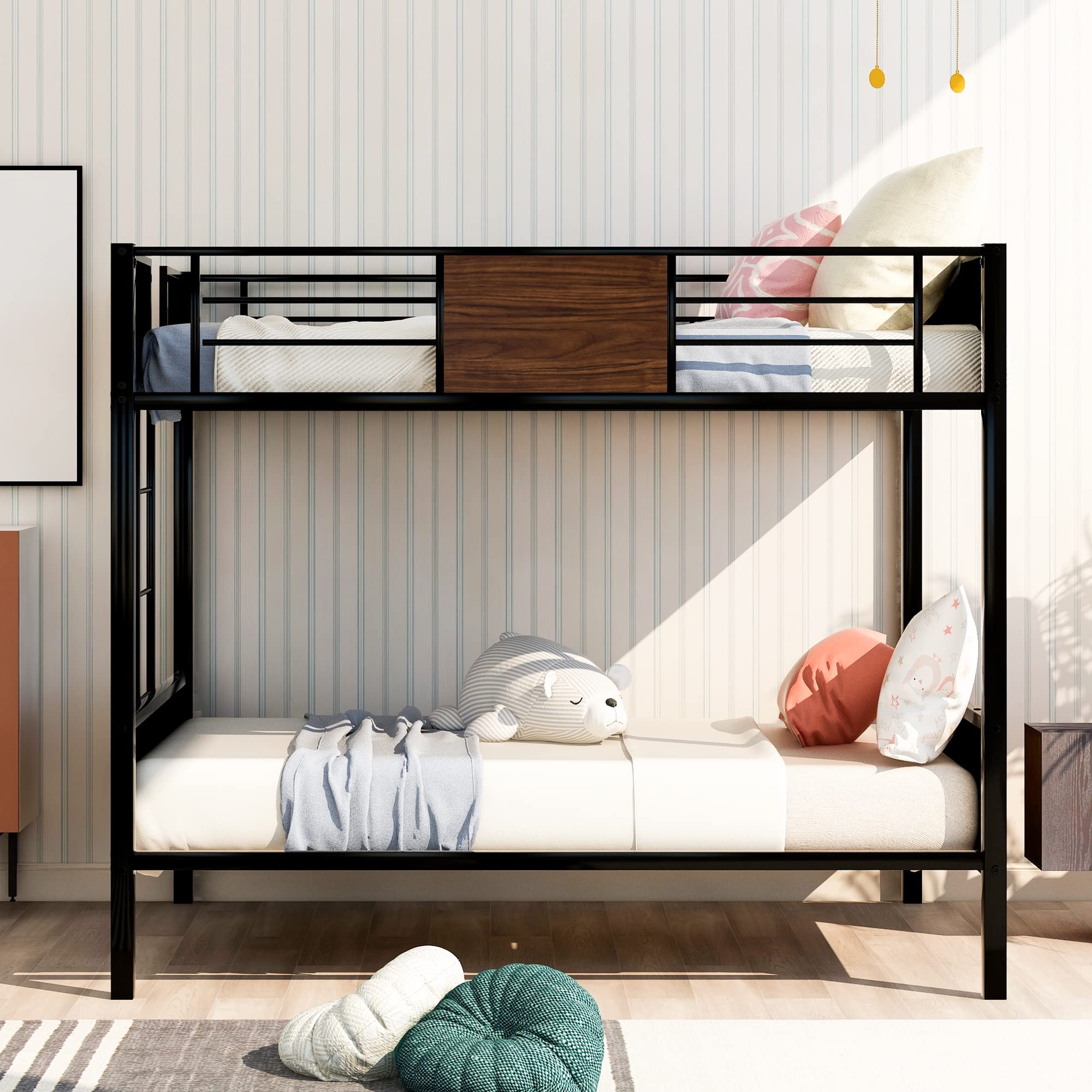 Sturdy Metal Bunk Bed with Built-in Ladder | Full Over Full Size Bed Frame with Safety Guardrails | Space-Saving Dorm & Bedroom Furniture | Under Bed Storage Design | Ideal for Kids Rooms, Guest Rooms & Small Spaces (Black)