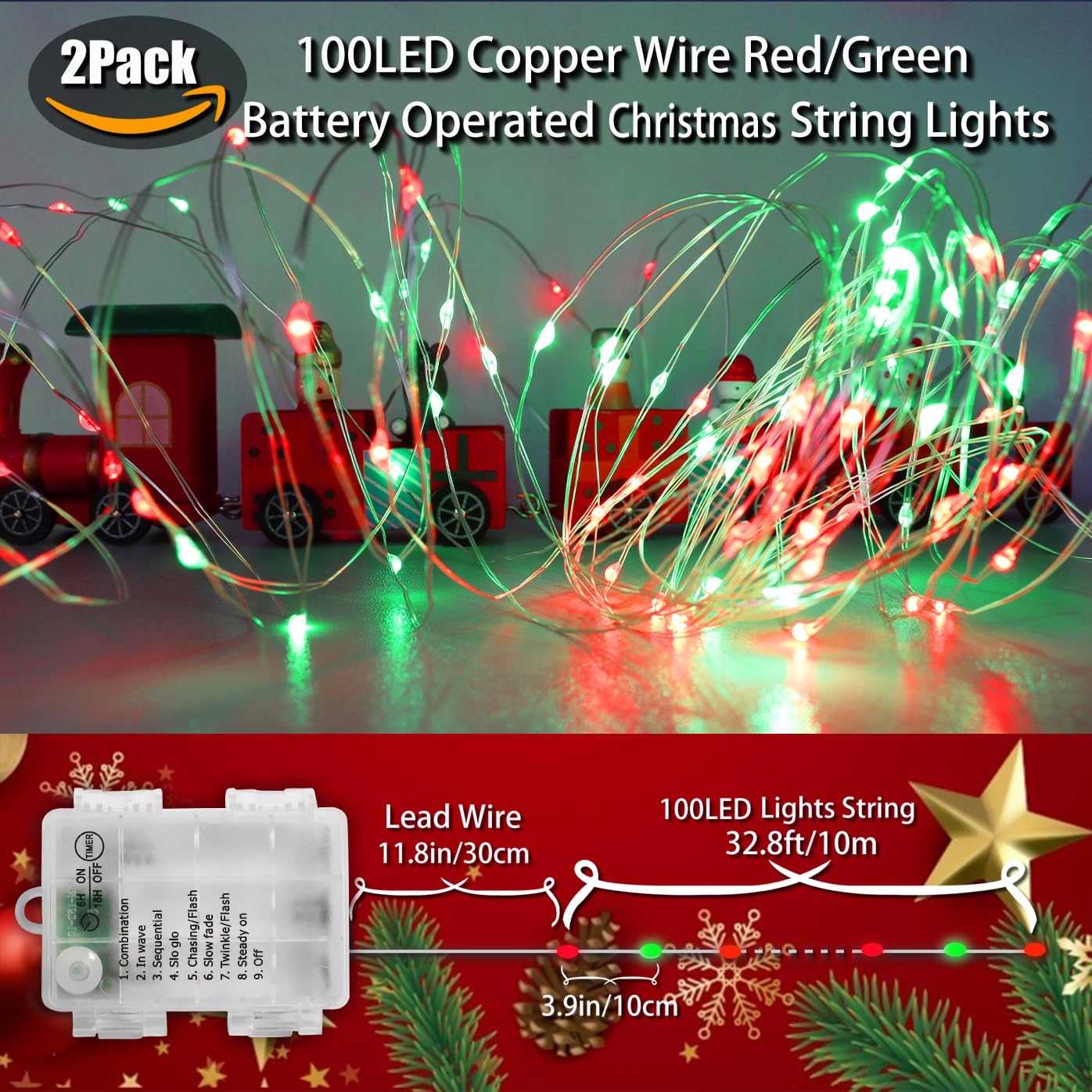Battery Christmas Lights - 200LED Fairy Lights with Timer for Bedroom & Parties