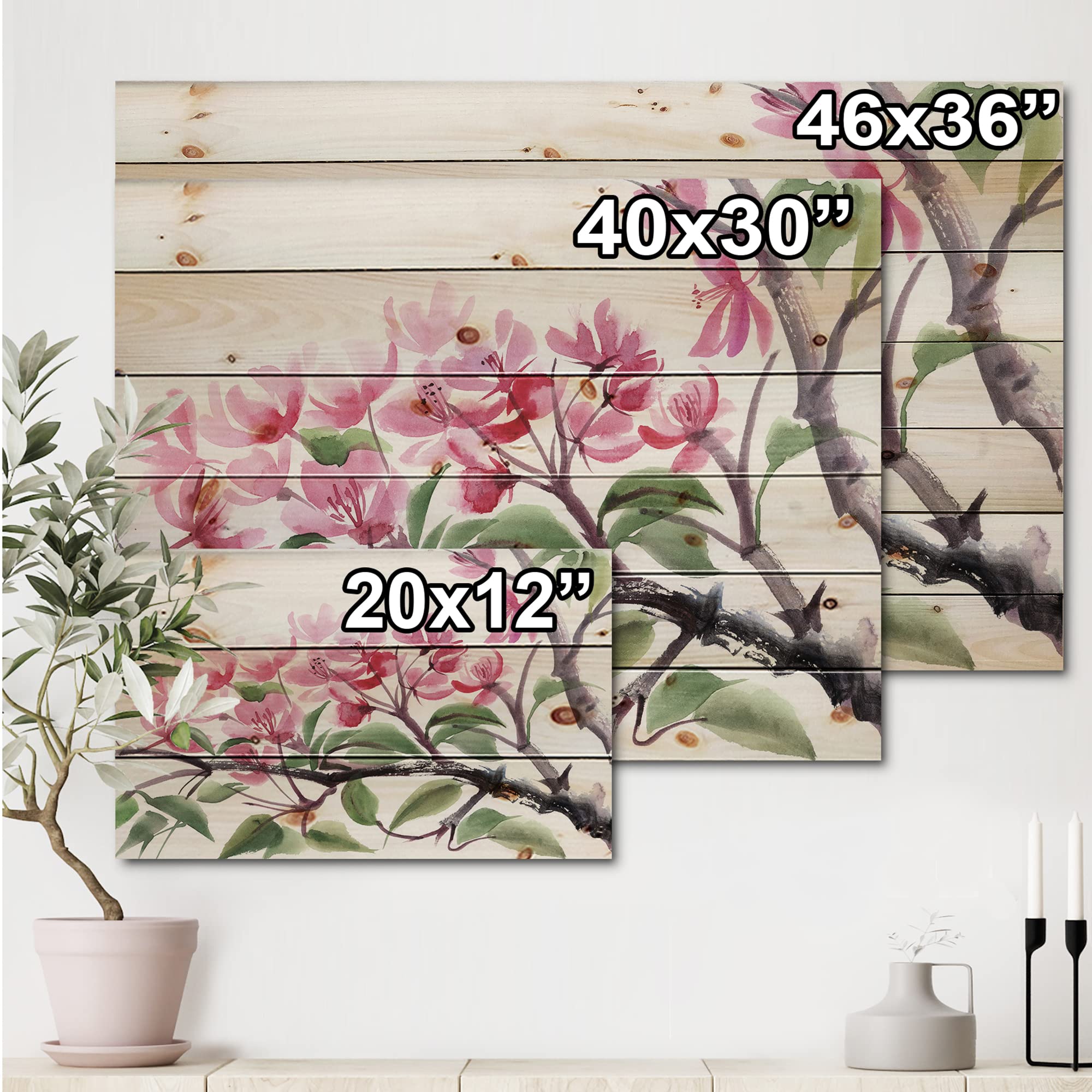 DesignQ Pink Blossoming Tree Traditional Wood Wall Decor - Large Floral Wood Wall Art Panel Printed on Natural Pine - Perfect for Living Room, Bedroom, Nursery & Office Decor