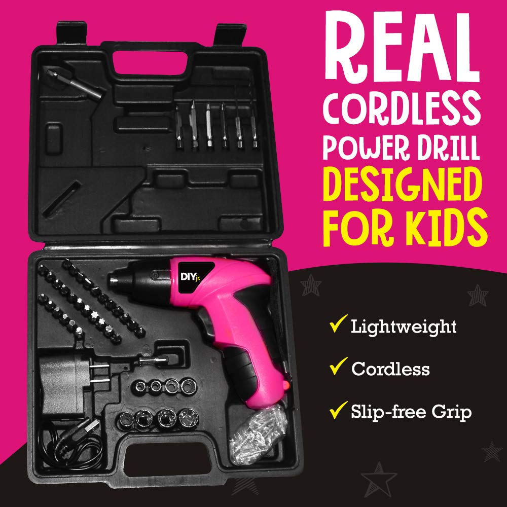 My First Power Drill for Kids - 60-Piece Rechargeable Cordless Pink Drill Set with LED Light & Carrying Case - STEM Learning & Construction Toy for Girls & Boys - Perfect for DIY Projects, Home Repairs & Pretend Play