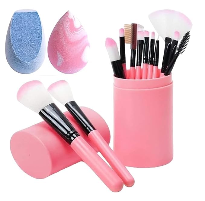 KAARM 12 Piece Makeup Brush Set with Storage Box & 2 Makeup Sponges - Professional Cosmetic Brushes for Foundation, Blending, Eyeshadow - Perfect for Travel & Everyday Makeup Application