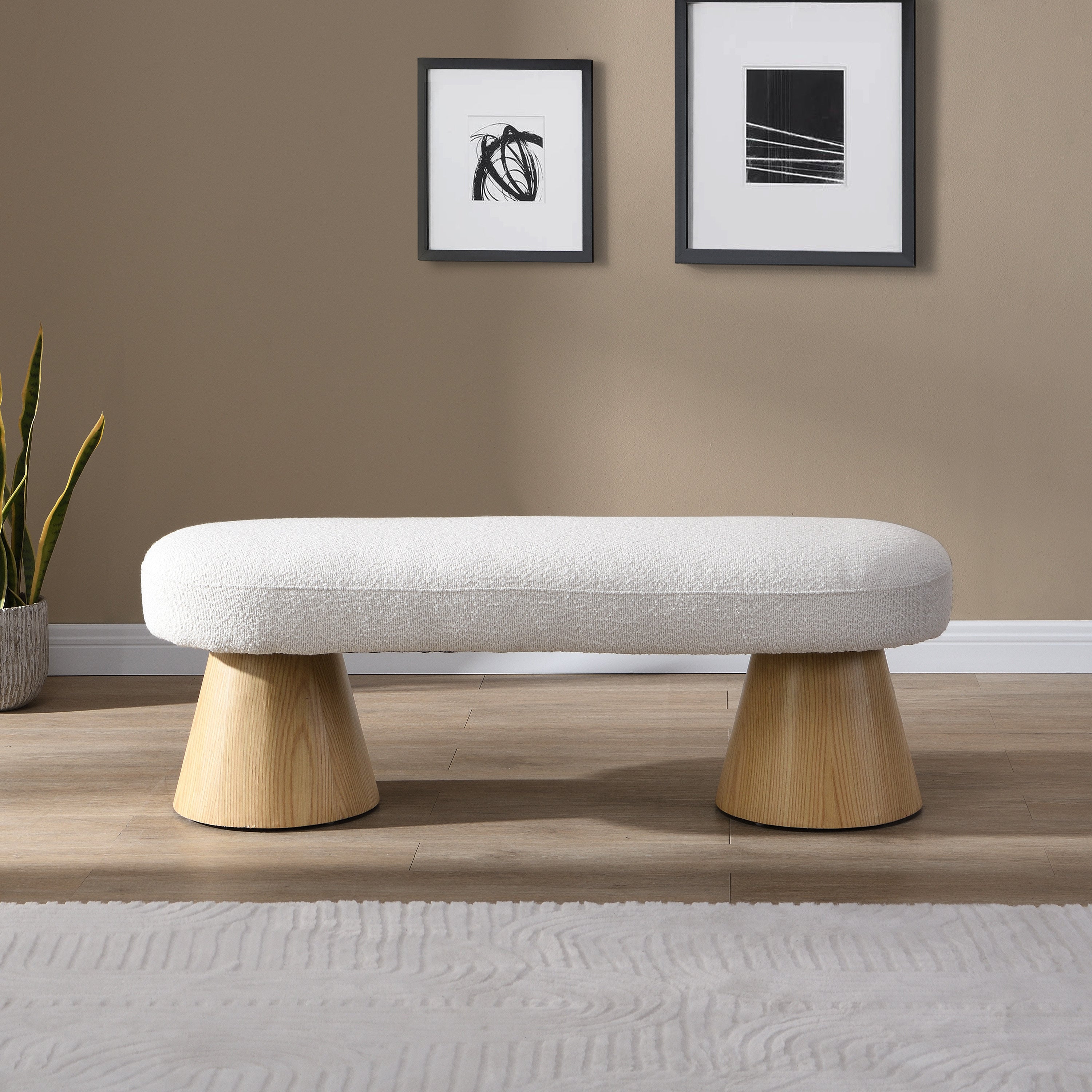 Upholstered Dining Bench with Wood Legs - 300 LBS Weight Capacity, Beige Fabric Ottoman for Bedroom, Living Room & Entryway | Perfect for Dining Room Seating, Bed End Bench or Hallway Decor