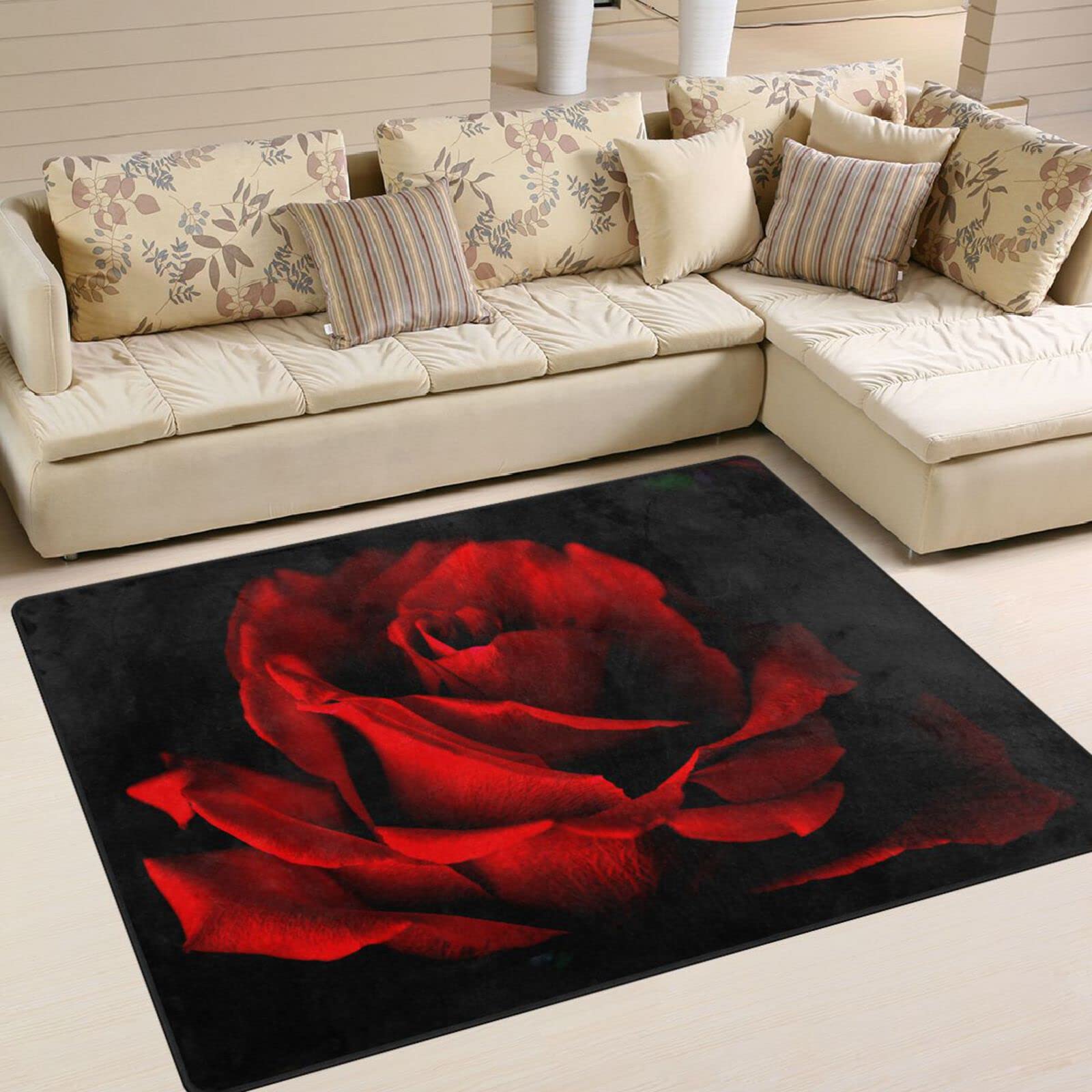 ALAZA Red Rose Flower on Black Valentine's Day Area Rug - 5'3