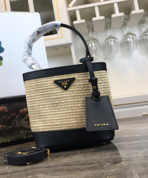 Prada Medium Panier Straw Handbag in Black - Luxury Woven Tote for Women, Perfect for Beach, Summer Outfits, and Casual Chic Style