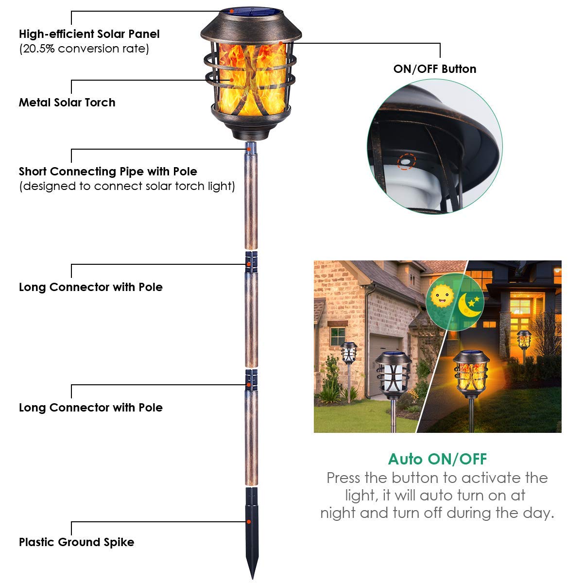 TomCare Solar Torch Lights - 4 Pack Metal Flickering Flame Outdoor Solar Lights, Waterproof Garden Pathway Lighting for Patio, Yard, Pool - Auto On/Off Dusk to Dawn - Perfect for Landscape Decoration & Backyard Ambiance