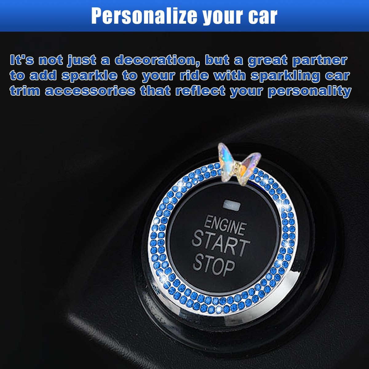 Blue Car Butterfly Bling Ring Emblem - Push Start Button Sticker & Key Ignition Knob Ring Decor - Stylish Car Interior Accessories for Women | Perfect for Customizing Steering Wheel, Gear Shift & Dashboard (Car Decor, Gift Idea)