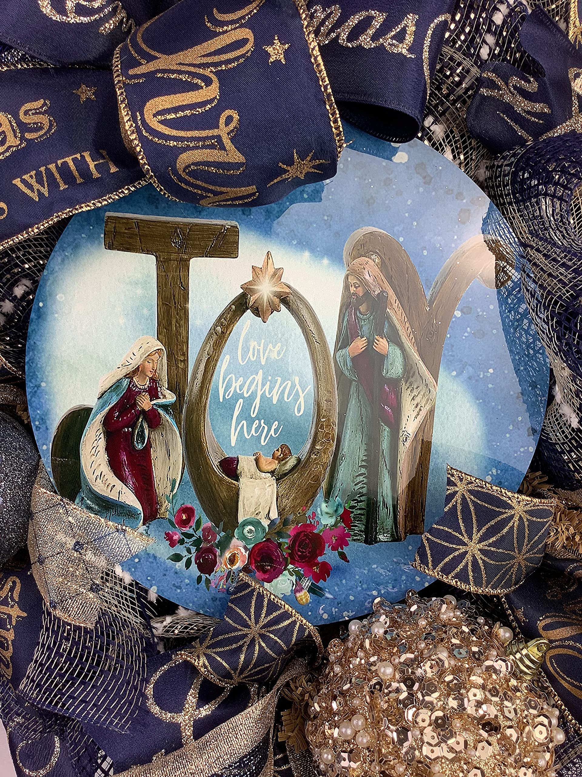 Nativity Christmas Wreath with Baby Jesus in Manger - Elegant Navy Blue & Gold Ball Ornaments and Bow - Perfect for Holiday Door Decor, Fireplace Mantel, and Christmas Tree Topper