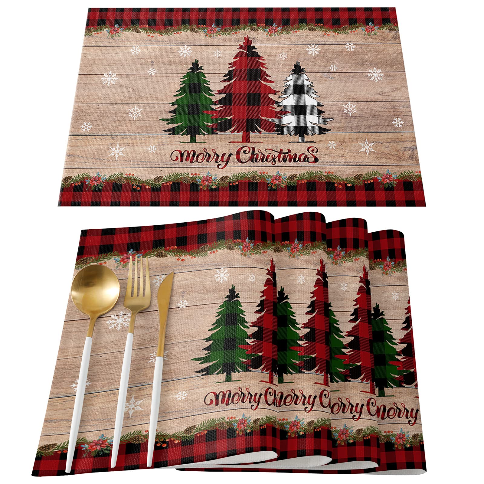 Festive Buffalo Plaid Christmas Tree Placemats - Set of 4, Snowflake Design Thermal Insulated Non-Slip Table Mats for Holiday Dining Decor, Washable Wood Grain Kitchen Table Mats - Perfect for Christmas Dinner, Winter Parties & Cozy Family Gatherings