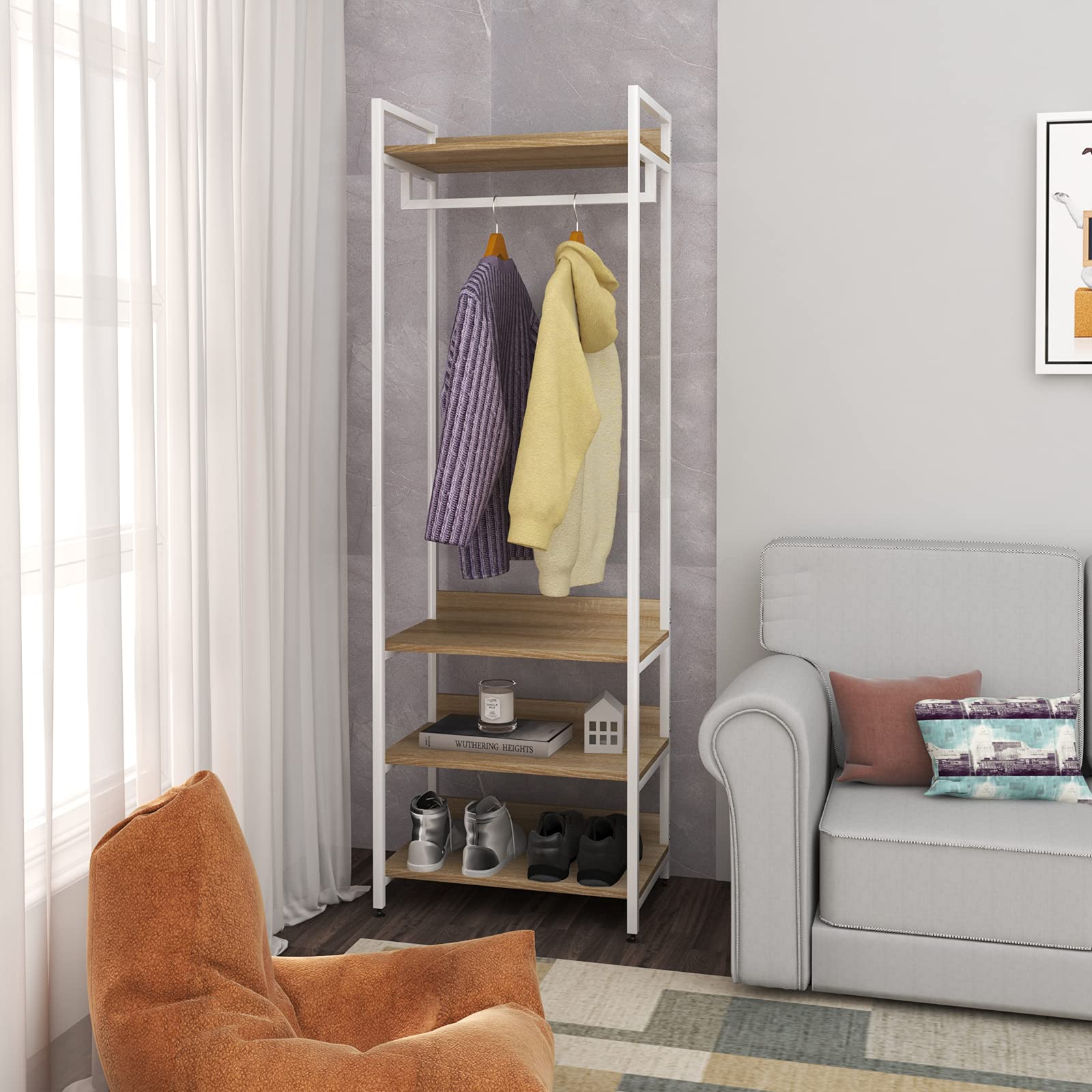 WOLTU Wood and Steel Wardrobe Stand with Shelves, Hangers, and Shoe Rack for Kids Room, Closet, or Bedroom (60x40x170 cm) - Perfect for Organizing Clothes, Shoes, and Accessories in Small Spaces