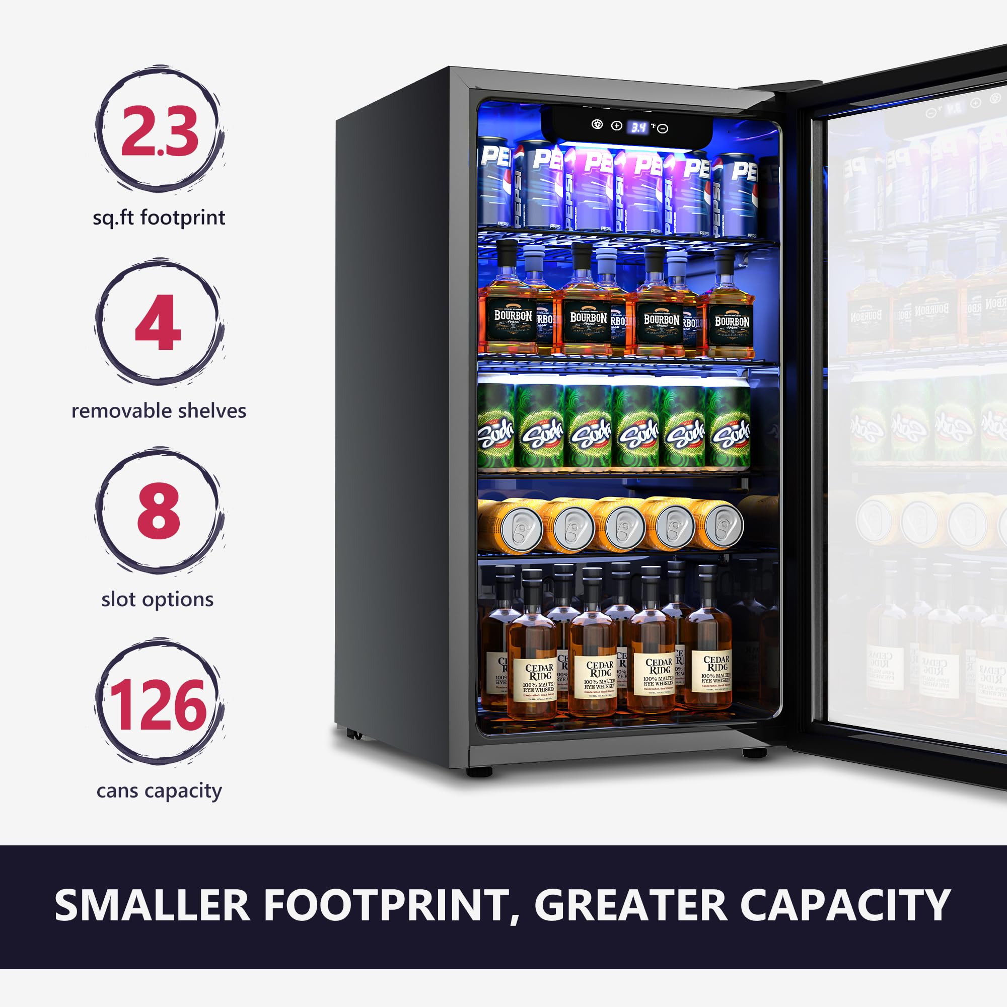 126 Can Mini Beverage Refrigerator Cooler with Glass Door - Adjustable Shelves for Soda, Beer, Wine - Perfect for Home, Office, Bar, and Outdoor Entertaining, Black