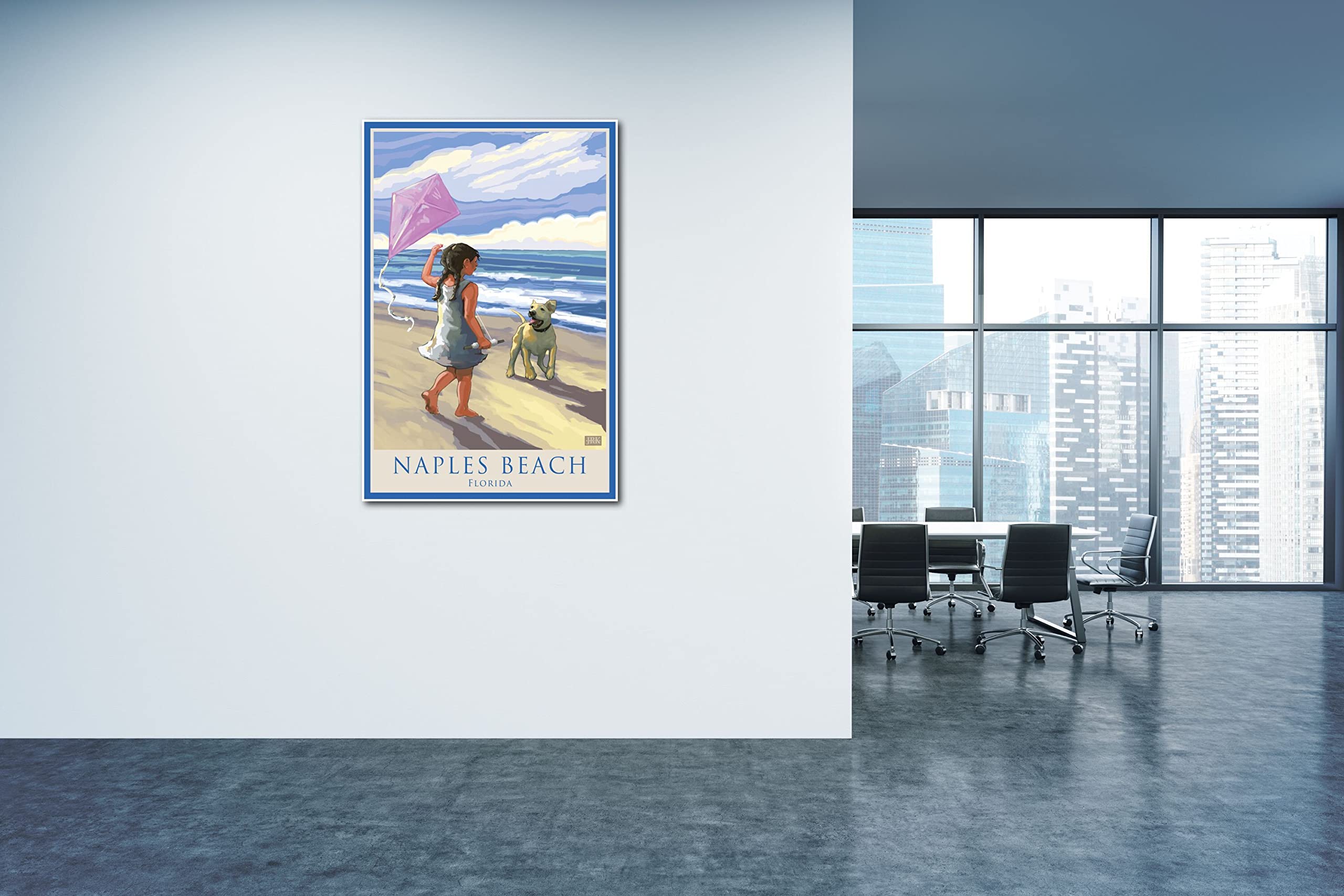 Florida Naples Beach Art Print - Girl, Dog & Kite Illustration by Joanne Kollman - 30x45 Inch Giclee Poster - Perfect for Beach House Decor, Living Room Wall Art & Coastal Themed Gifts