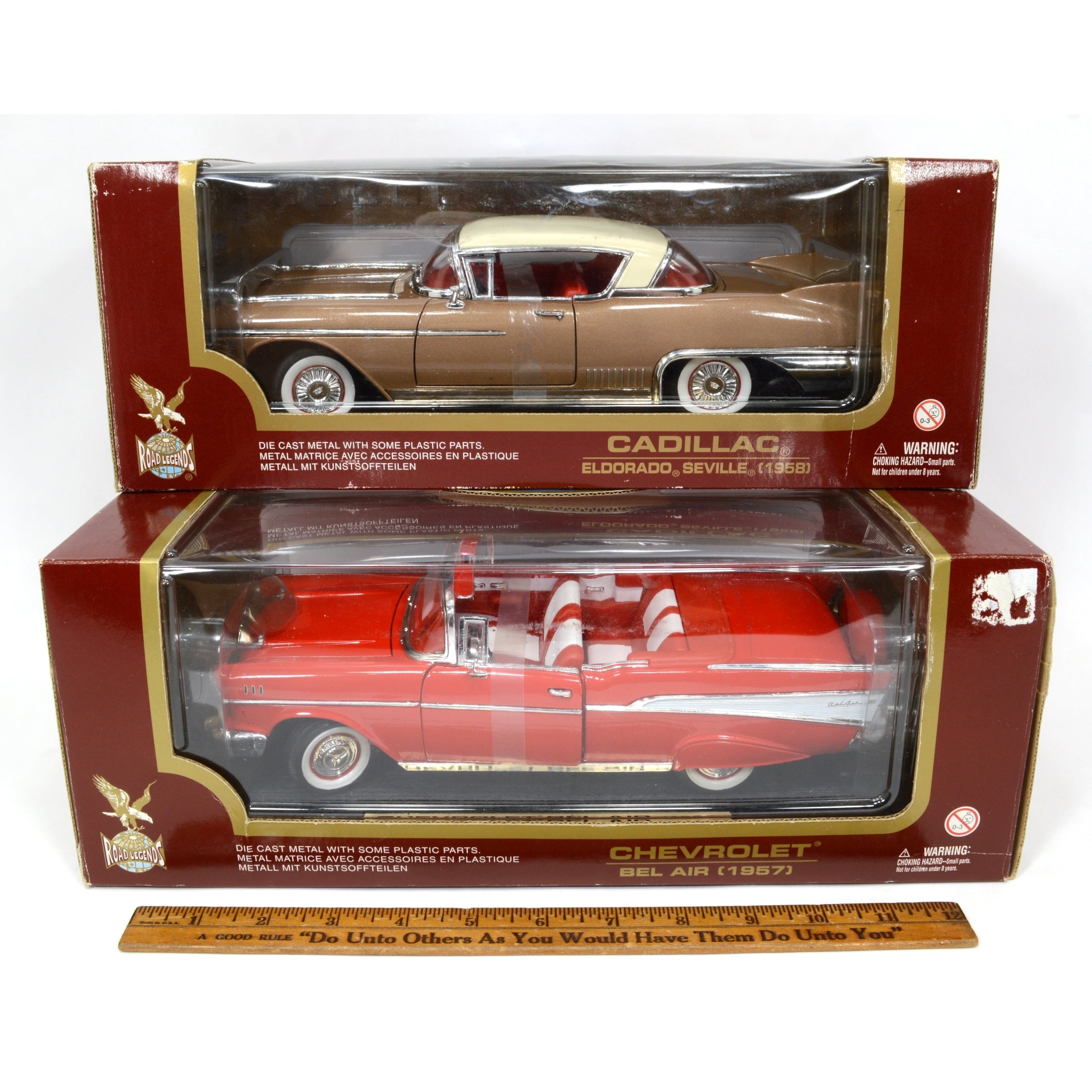 Lot of 2 Road Legends Diecast Cars 1:18 Scale - Chevy Bel Air & Cadillac Eldorado | Collectible Model Cars for Display & Gifting
