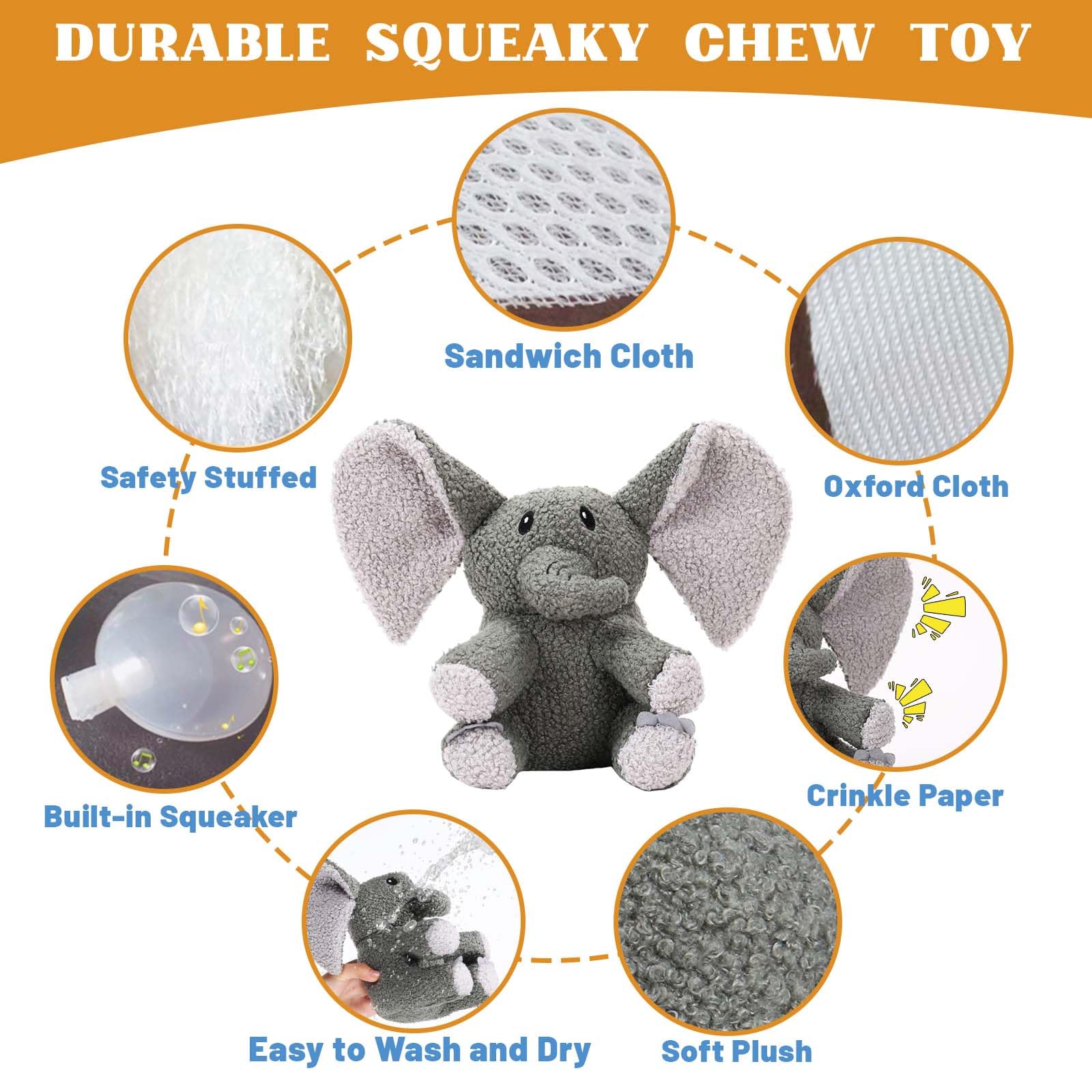 3-Layer Stuffed Squeaky Dog Toys for Small Medium Large Breed - Durable Plush Chew Toys for Puppies & Adult Dogs, Cute Elephant Design for Teething, Playtime & Stress Relief - Perfect for Indoor/Outdoor Fun & Training Rewards